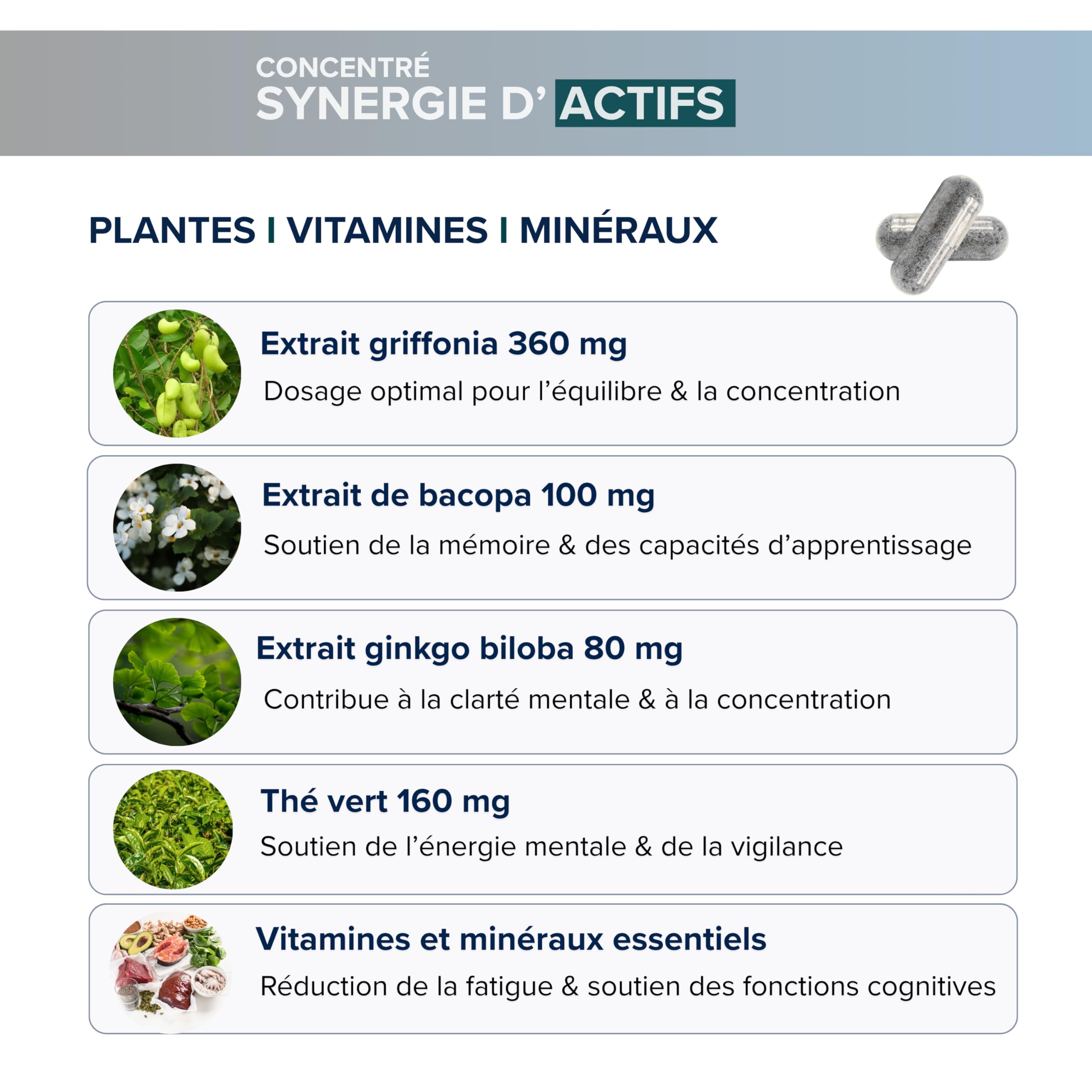 Nootropique Mémoire et Concentration | Complément Alimentaire Cerveau | Focus, Clarté Mentale & Énergie | Bacopa | Griffonia | Ginkgo | Thé vert | Vitamines B, C, D minéraux