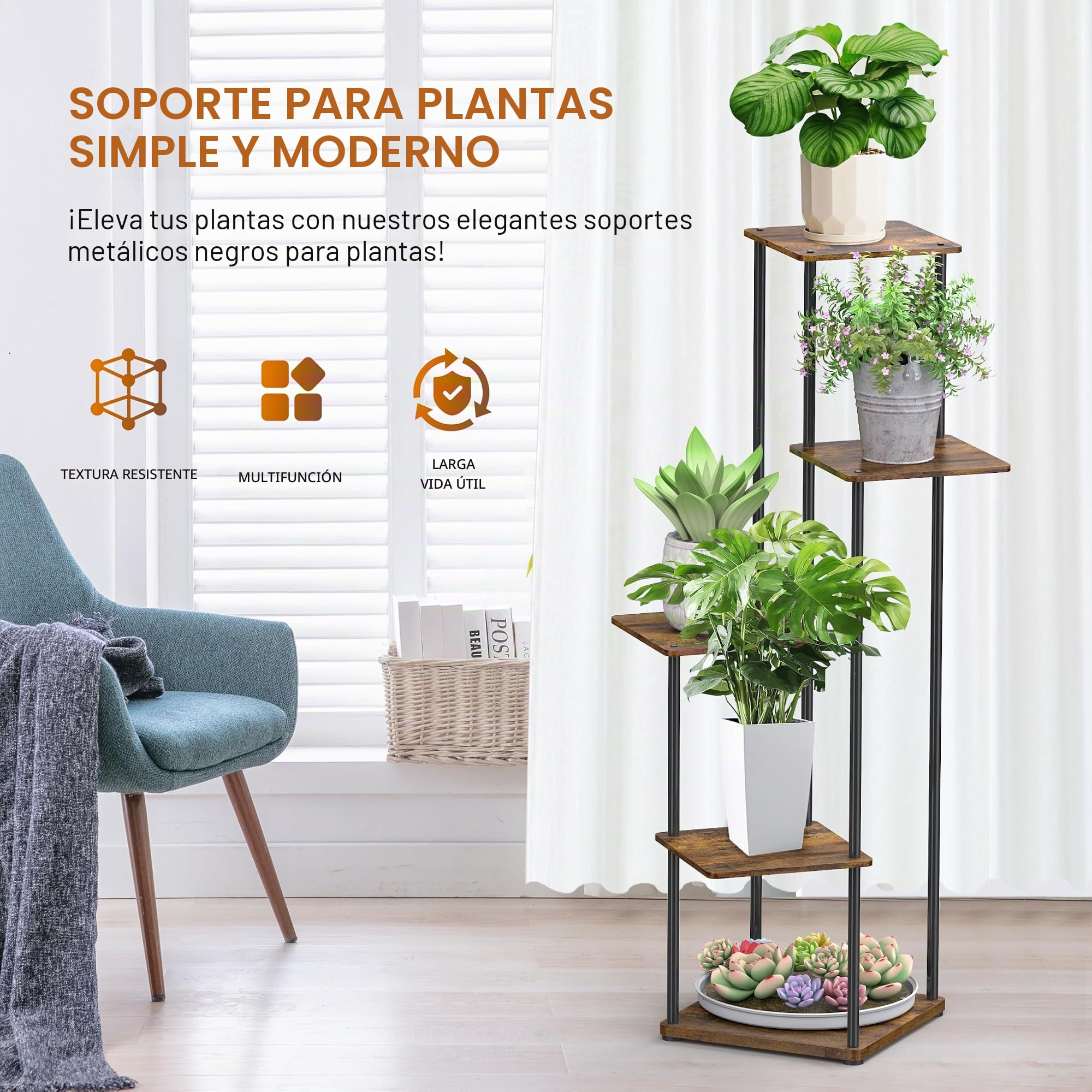 Estantería Plantas Interior, Soporte Macetas de Metal, Soporte Plantas de 5 Niveles para Múltiples Plantas, Patio, Jardín, Sala de Estar, Esquinero, Decoración Hogar Plant Tier Stand (Marrón)