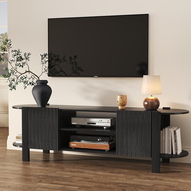 65 Inch TV Stand for Up to 75 inch TVs, Fluted Entertainment Center with Adjustable Shelve, Curved Round Corner TV Console Table with Storage for Living Room, Bed Room (Black)