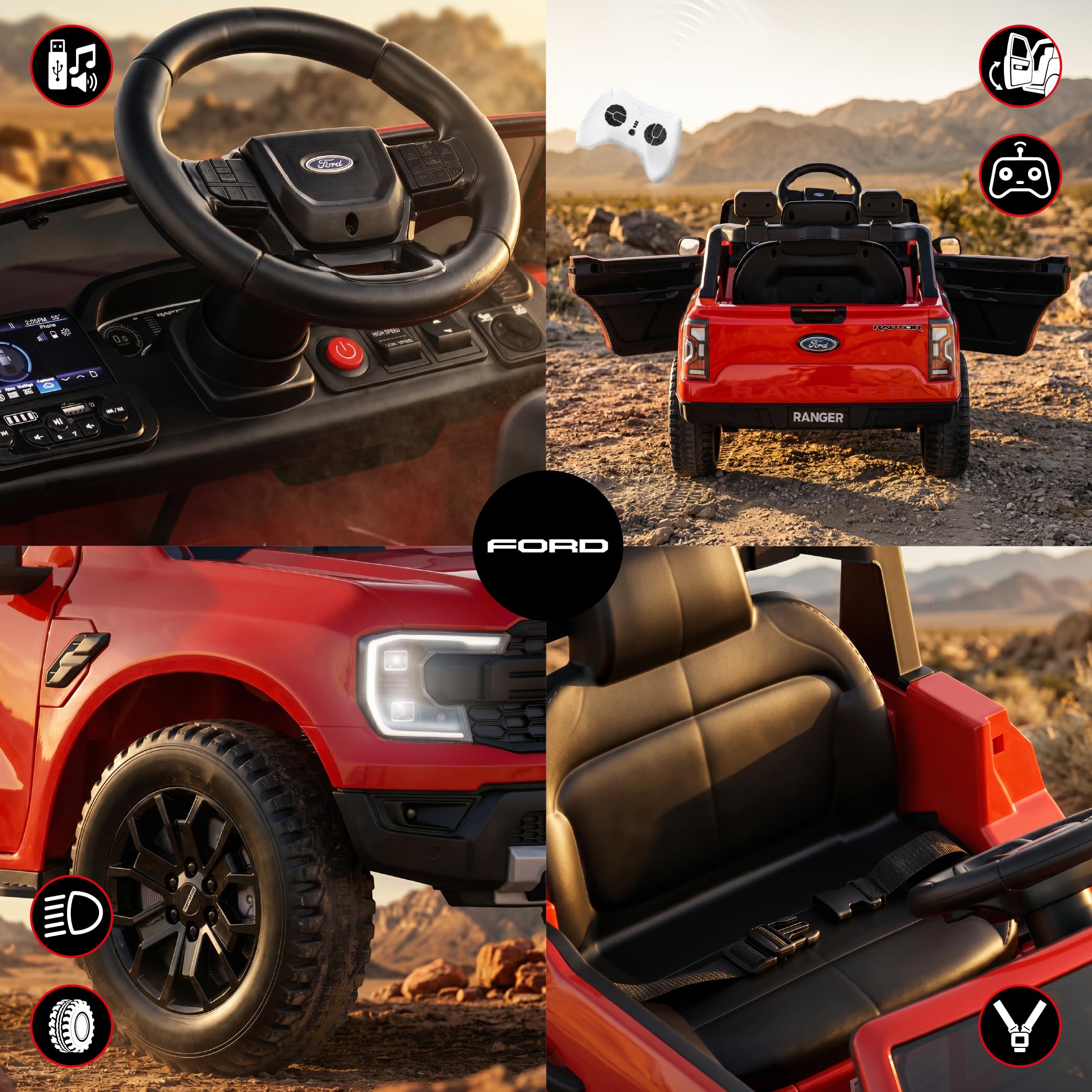 SUN BABY Ford Raptor - Auto Elettrica per Bambini 3-6 Anni, Macchina Elettrica 12V 4,5Ah, Telecomando Genitori, MP3, Luci LED, Sospensioni - Rosso