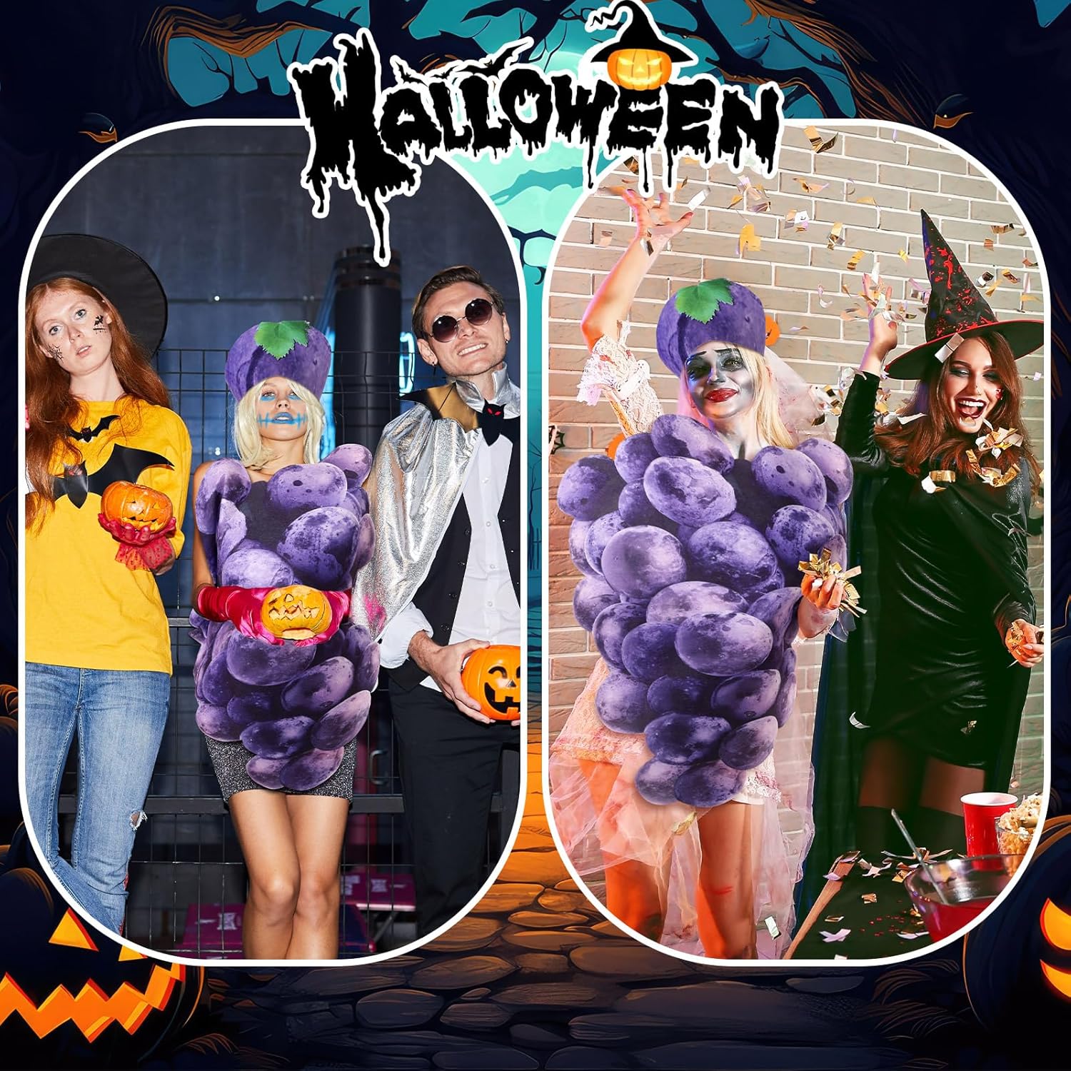 Newcotte 2 Pcs Halloween Grape Costume for Women Men Adult Real Purple Grape Fruit Slice Costume with Headband Funny Fruit Cosplay Outfits Dress up Party - Image 5