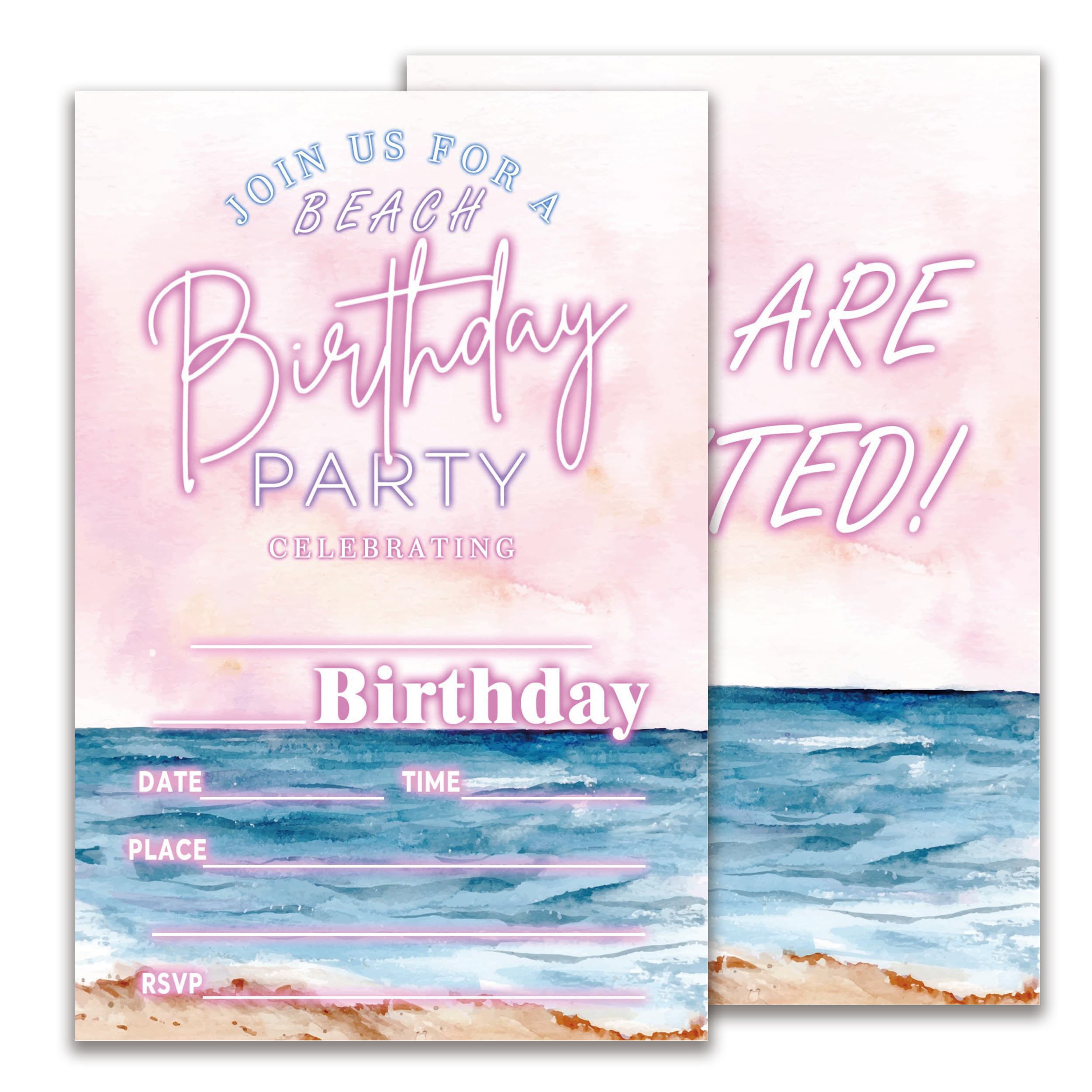 Beach Birthday Invitations, Summer party Invitations for Boys Girls, Beach Theme party supplies, 20 Double-Sided Fill-In Party Invite Cards with 20 Envelopes 4X6 Inch-D07