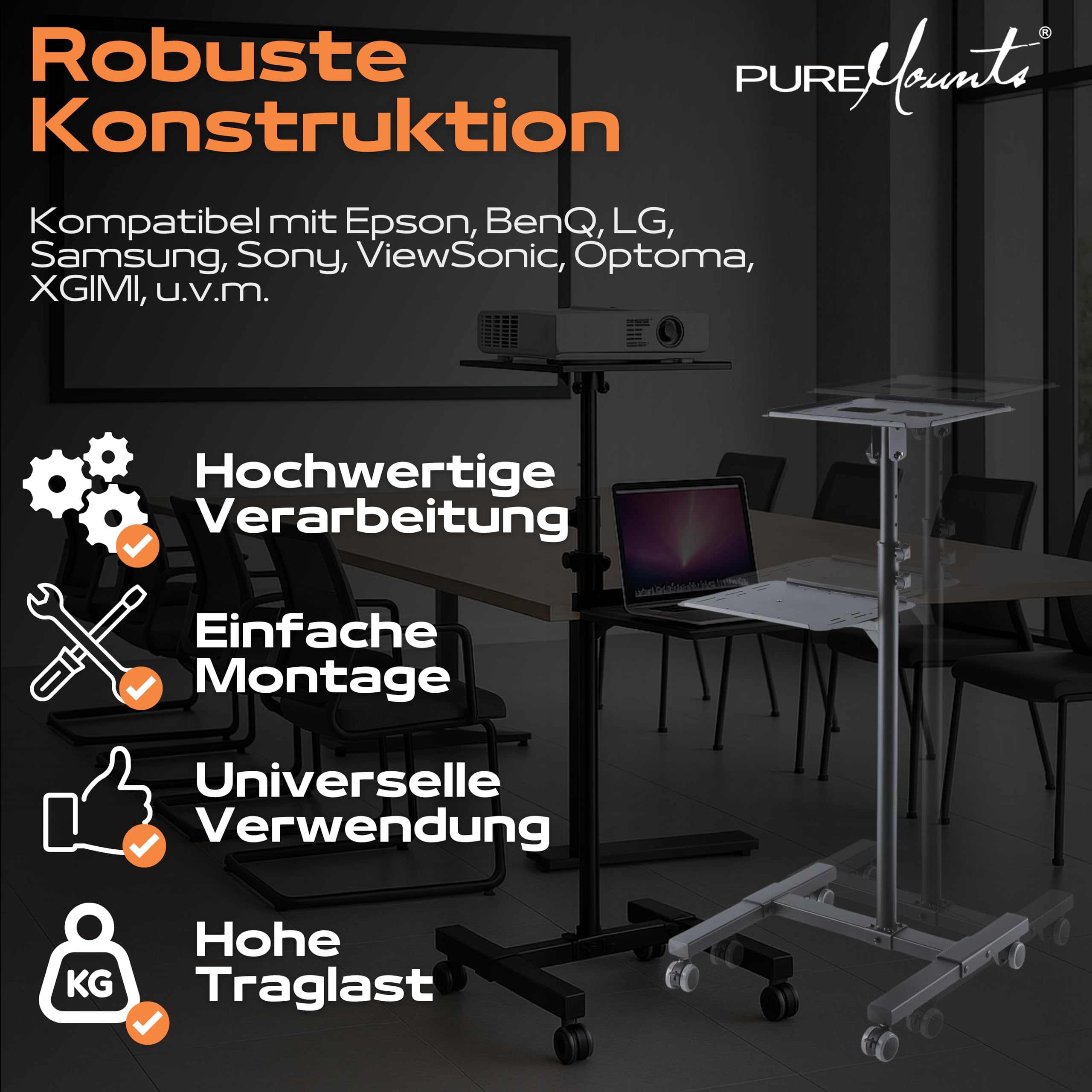 PureMounts PM-PCART-10 Chariot de Projection inclinable réglable 950-1450 mm, roulettes verrouillables, charge 10 kg, Noir