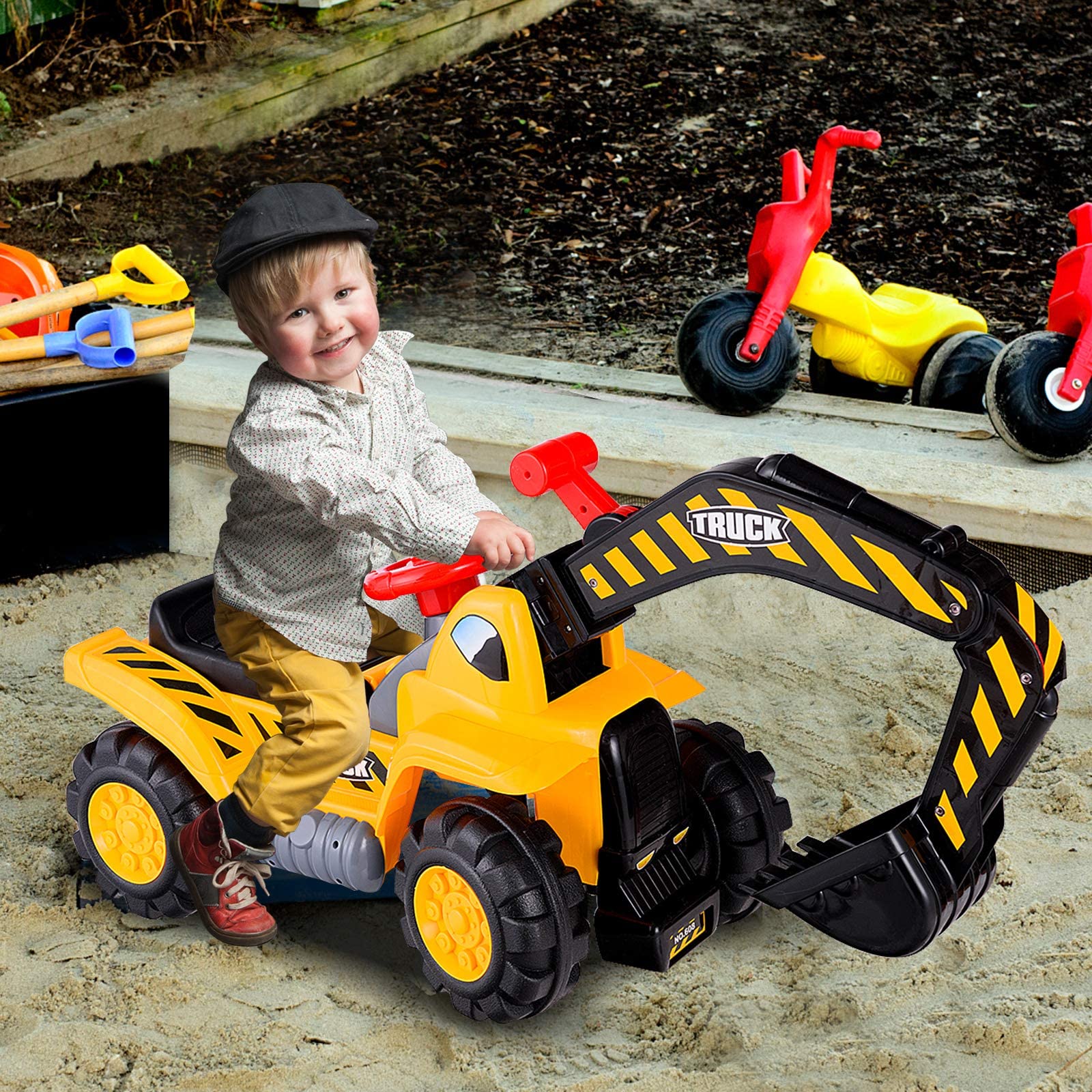 RELAX4LIFE Excavadora de Juguete para Caballo, Excavadora Gigante para niños de 3+ años, Excavadora eléctrica con Asiento Amplio y Sonidos, Ruedas deslizantes para césped, Madera y Playa, 84x45x30cm
