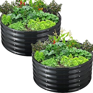FORTUNO High Round Galvanized Raised Garden Bed Kit Box Dia 3 x H 1.5Ft (2 Pack) Metal Outdoor Flower Bed Steel Patio Ground Planter for Planting Vegetables and Herb, Dark Grey