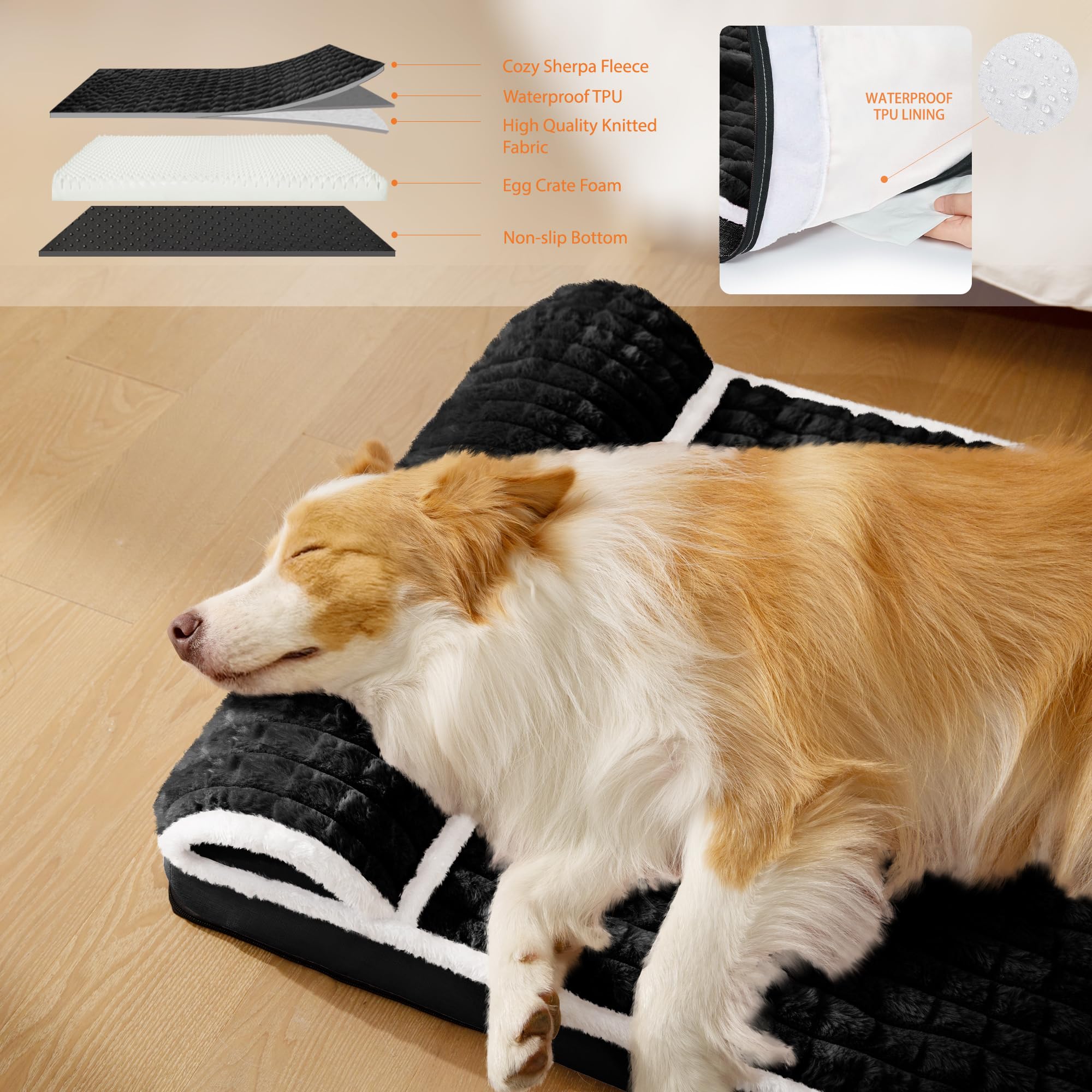 Orthopedic XL Dog Bed Large Sized Dog with Pillow 48''X30'', Waterproof Soft Comfortable Egg Crate Foam Pet Crate Beds Mat with Removable Washable Cover and Non-Slip Bottom, Black - image 3