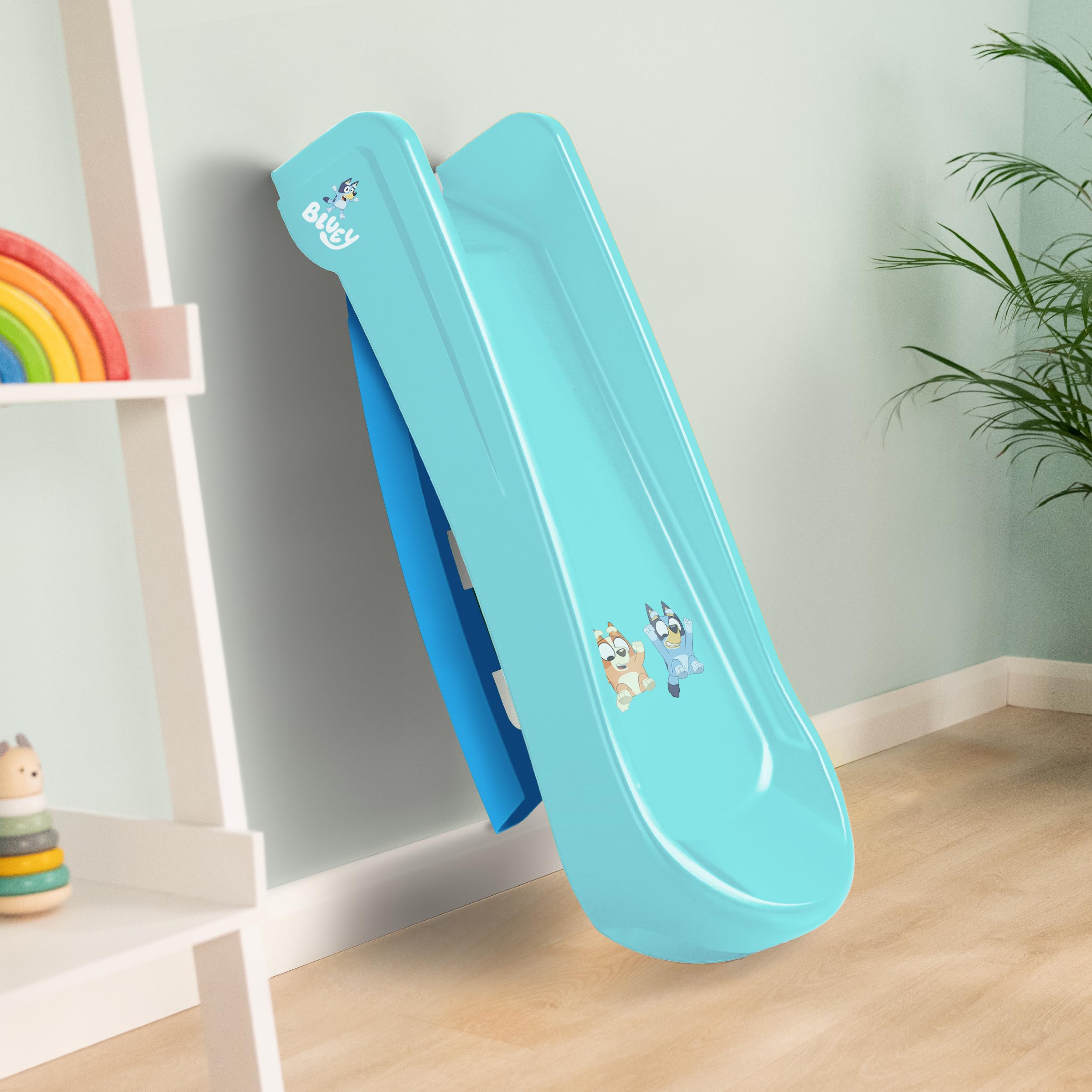 Bluey Scivolo pieghevole per interni ed esterni con scala, design facile da piegare, in plastica resistente, per bambini dai 18 mesi in su, attrezzatura da gioco leggera da giardino