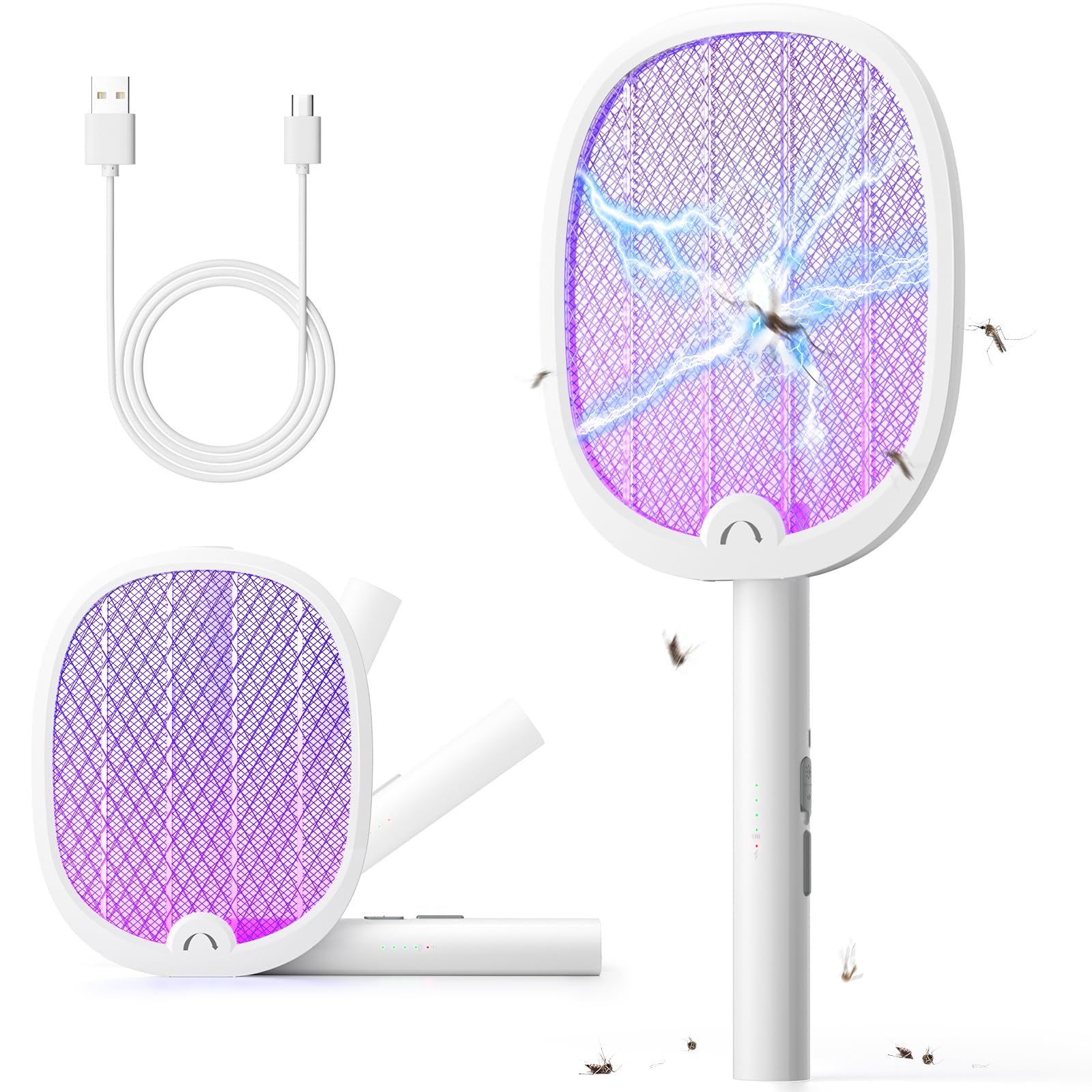 YISSVIC Electric Fly Swatter Foldable Bug Zapper Racket 2 in 1 Mosquito Killer with Purple Attractant Light Rechargeable 1800mAh for Indoor Home Backyard Patio Camping