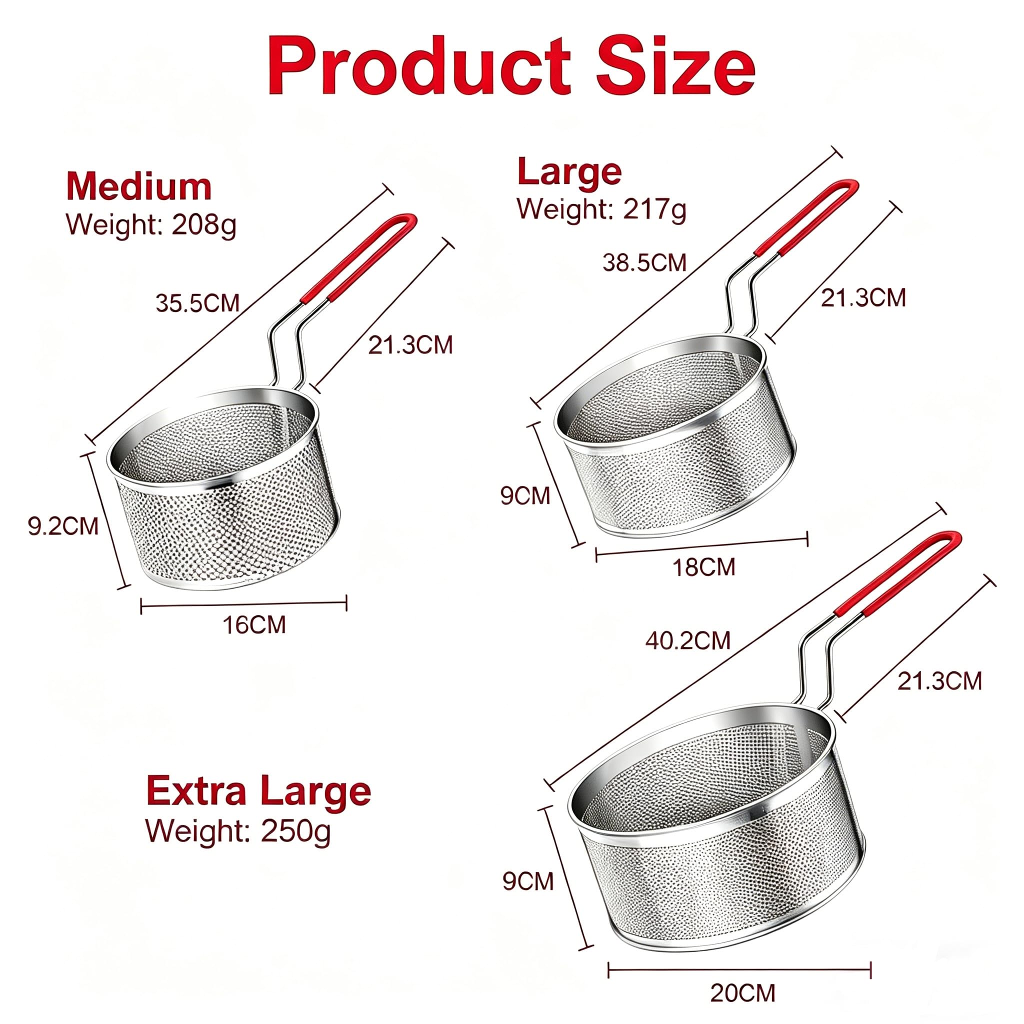 3 Stück Frittierkorbt aus Edelstahl, mit Abnehmbaren Griff 16 cm/18 cm/20 cm Nudelkorb Küchensieb Runder Pommes Körbchen Metall Küchensieb für Frittieren Abtropfenlassen und Abseihen