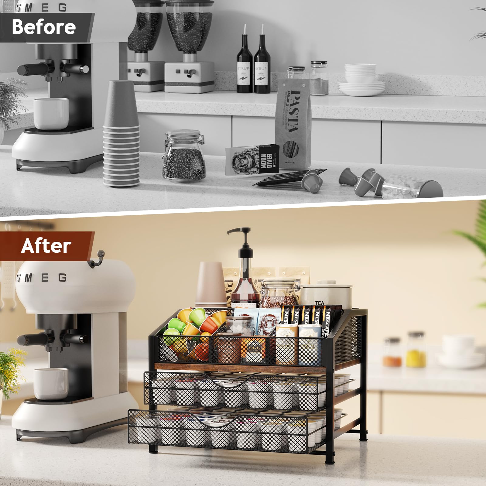 BBLIKE Organizer per bar da caffè, stazione per il piano di lavoro, in metallo e legno, cestino portaoggetti per capsule di caffè, sciroppo, tazze, bacchette, spezie di caffè, organizer per tè