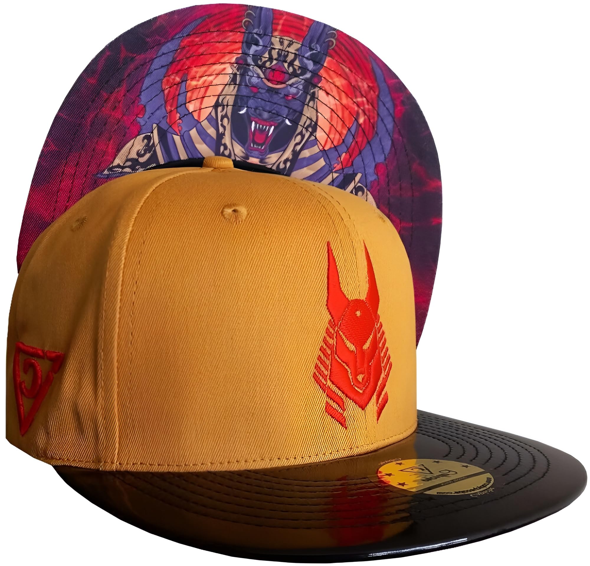 Capiche [99+ Variations] Yellow Snapback Hat, Anubis, Egyptian God BC, Baseball Cap with Black Bill, Metallic Visor, Pharao, Mummy, Pyramids