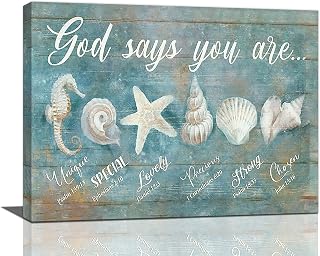 Ocean Beach Nautical Seashell Starfish Wall Art God Says You Are Wall Decor Rustic Shell Coastal Theme Pictures Canvas Prints Framed Modern Artwork for Home Living Room Bedroom Bathroom 16"x12"