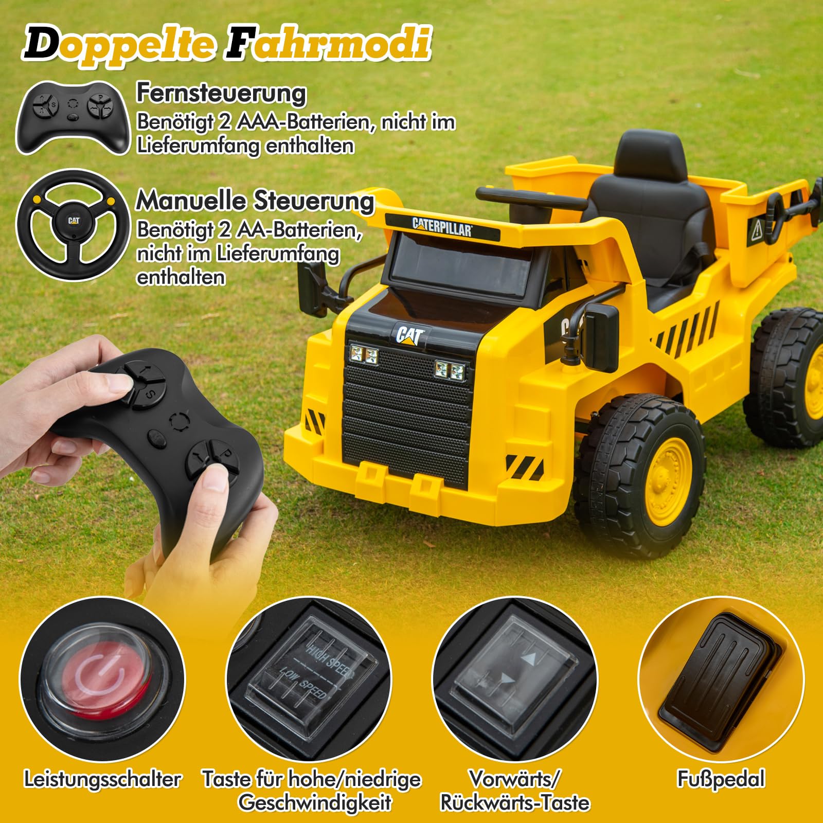 COSTWAY Caterpillar Elektroauto für Kinder, 12V Muldenkipper zum Draufsitzen mit Sandschaufel & Kippbett & Megafon, Elektro Kinderauto mit Fernbedienung, Aufsitz Kipper für Kinder ab 3 Jahren