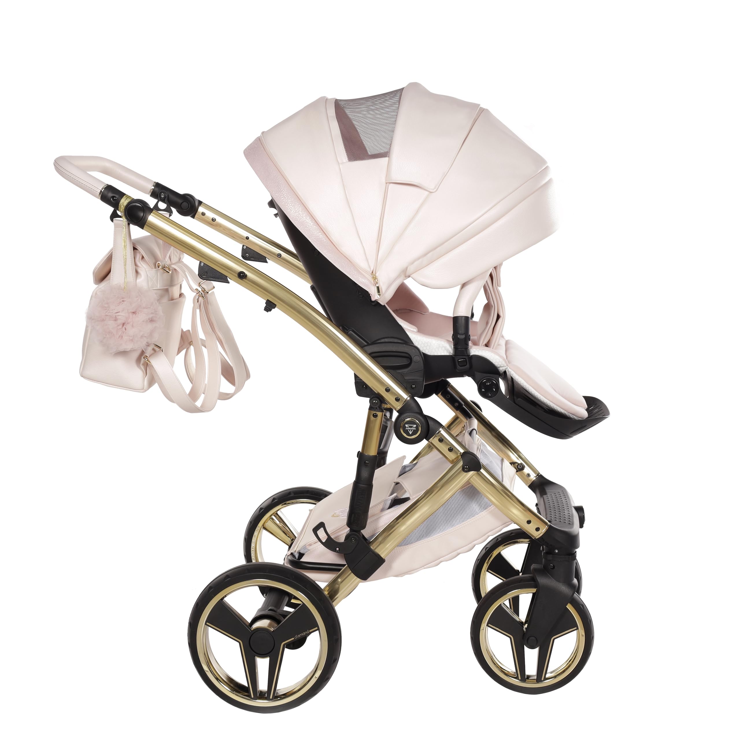 Junama Candy Premium Rosa y Dorado Cochecito de Bebé 2 en 1, 3 en 1, 4 en 1 + Sombrilla para Carrito (4 en 1 con base ISOFIX)