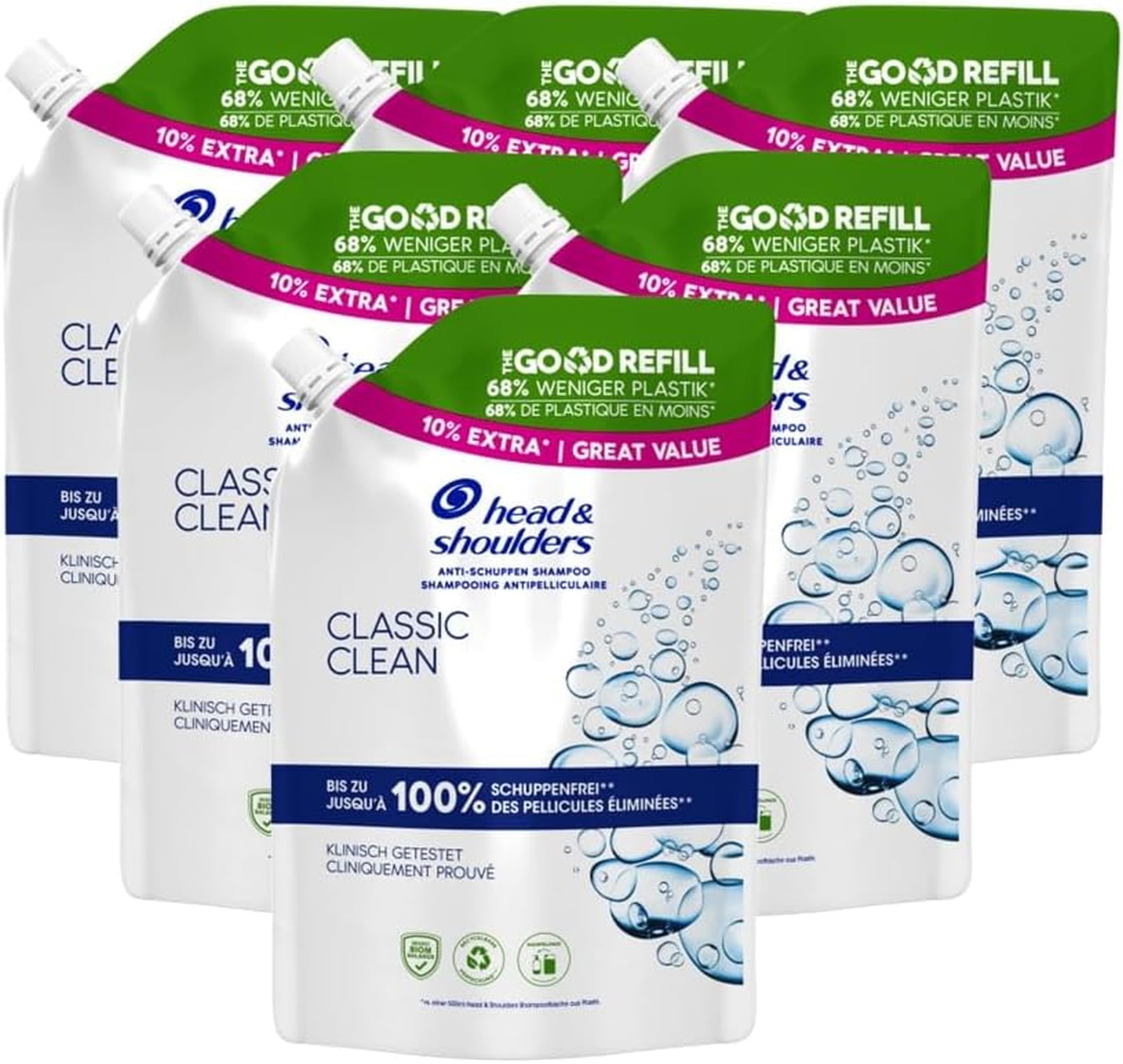 Head & Shoulders Shampooing Antipelliculaire Classic, Recharge 6 x 550 ml, Jusqu’à 100% des Pellicules Éliminées, Cliniquement Prouvé, Testé Sous Contrôle dermatologique