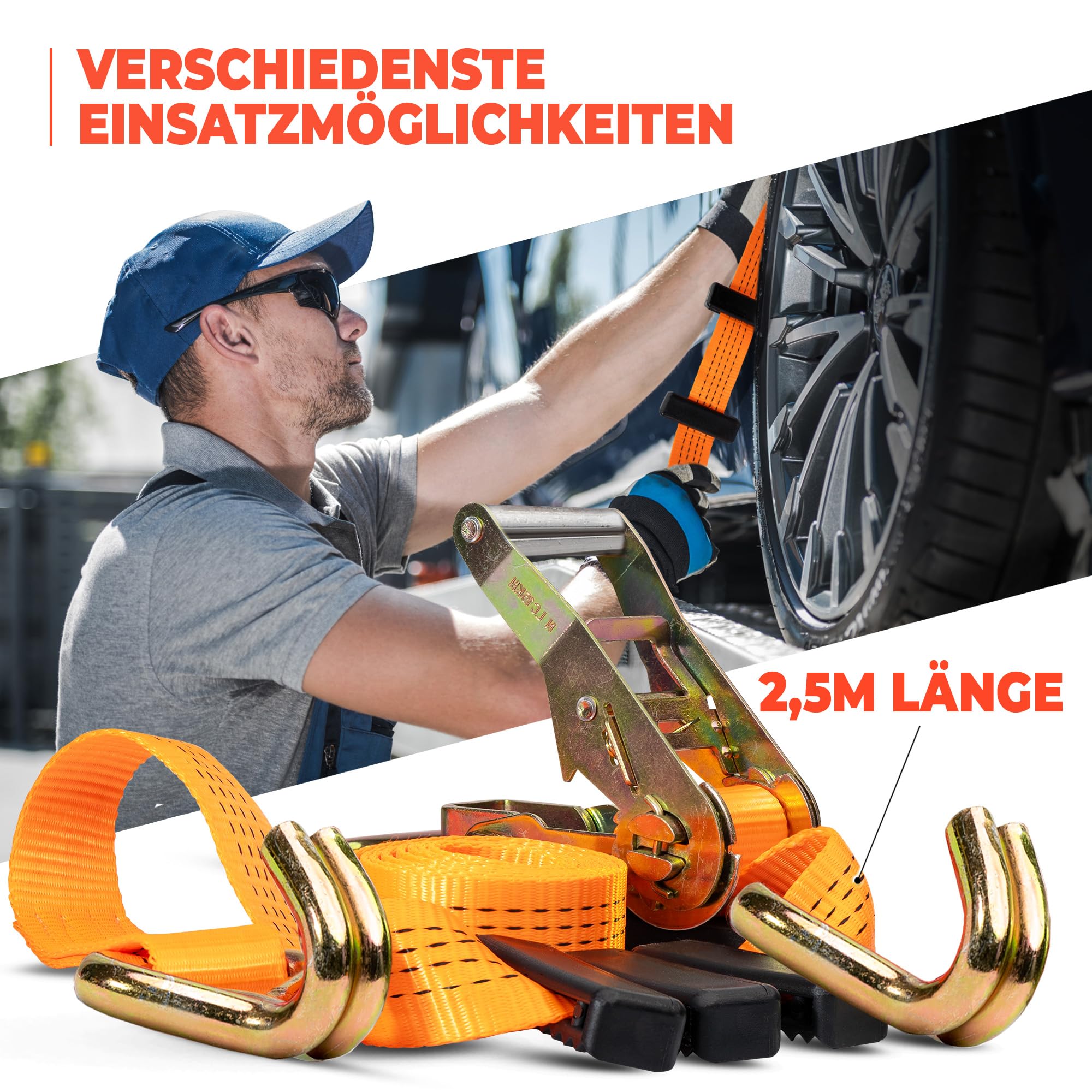8 cinghie di fissaggio per il trasporto dell'auto, larghezza 50 mm, 2,70 metri, 4000 kg, cinghia di serraggio, fusibile per ruote, autovetture, cintura per pneumatici, per autovetture, per auto, per