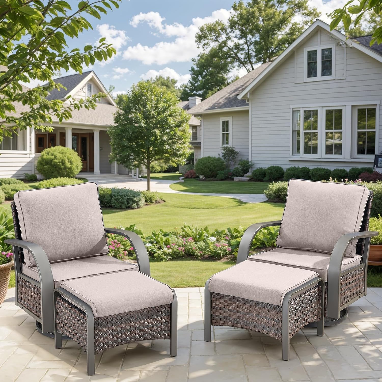 Outdoor Furniture with 3.5-Inch Thick Cushions, Patio Furniture Set with Ottomans, 4 PCS Wicker Conversation Set for Porch, Balcony, Deck and Yard