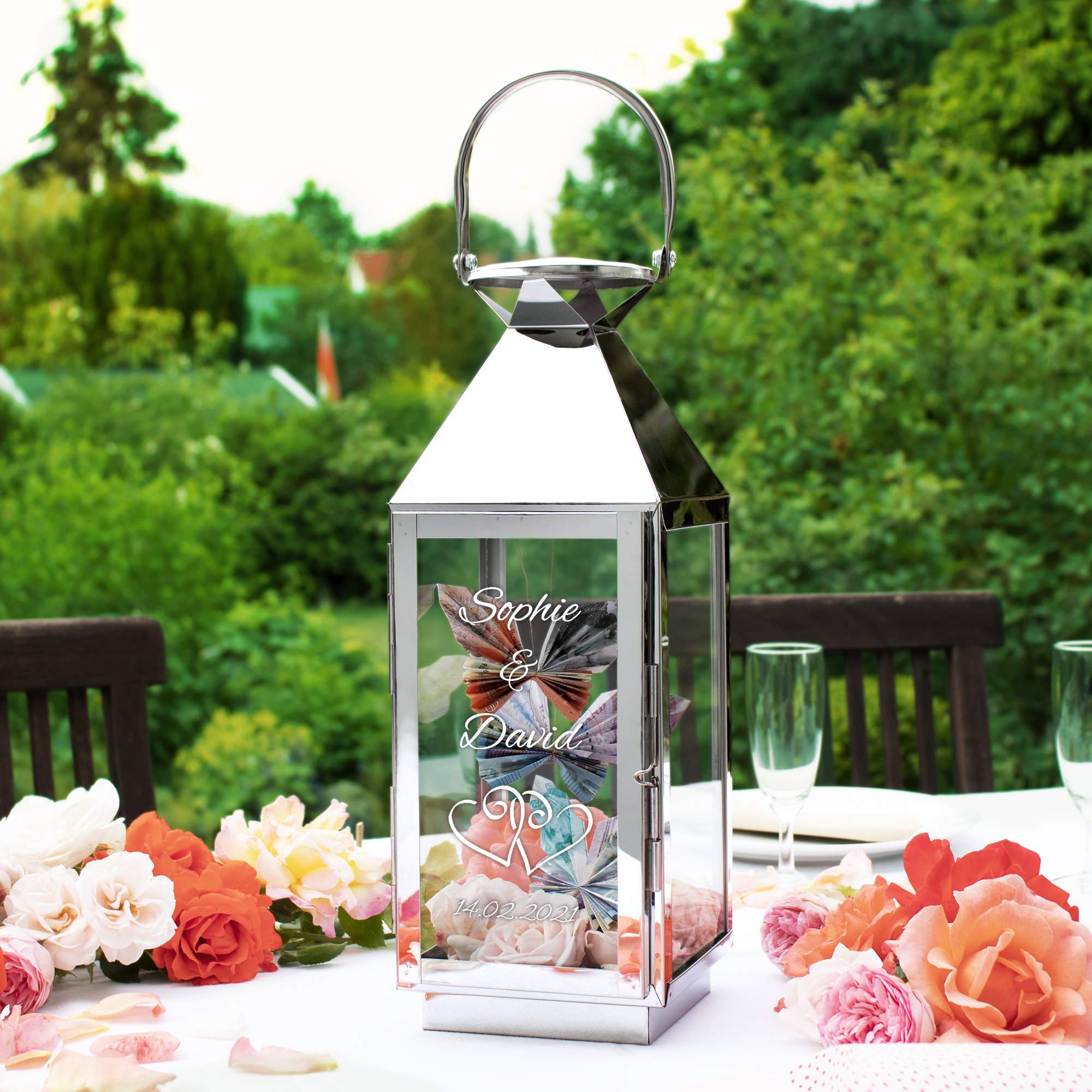 Casa Vivente Laterne aus Edelstahl mit Gravur zur Hochzeit, Personalisiert mit Namen und Datum, Motiv Herzen, Geschenkidee für Paare