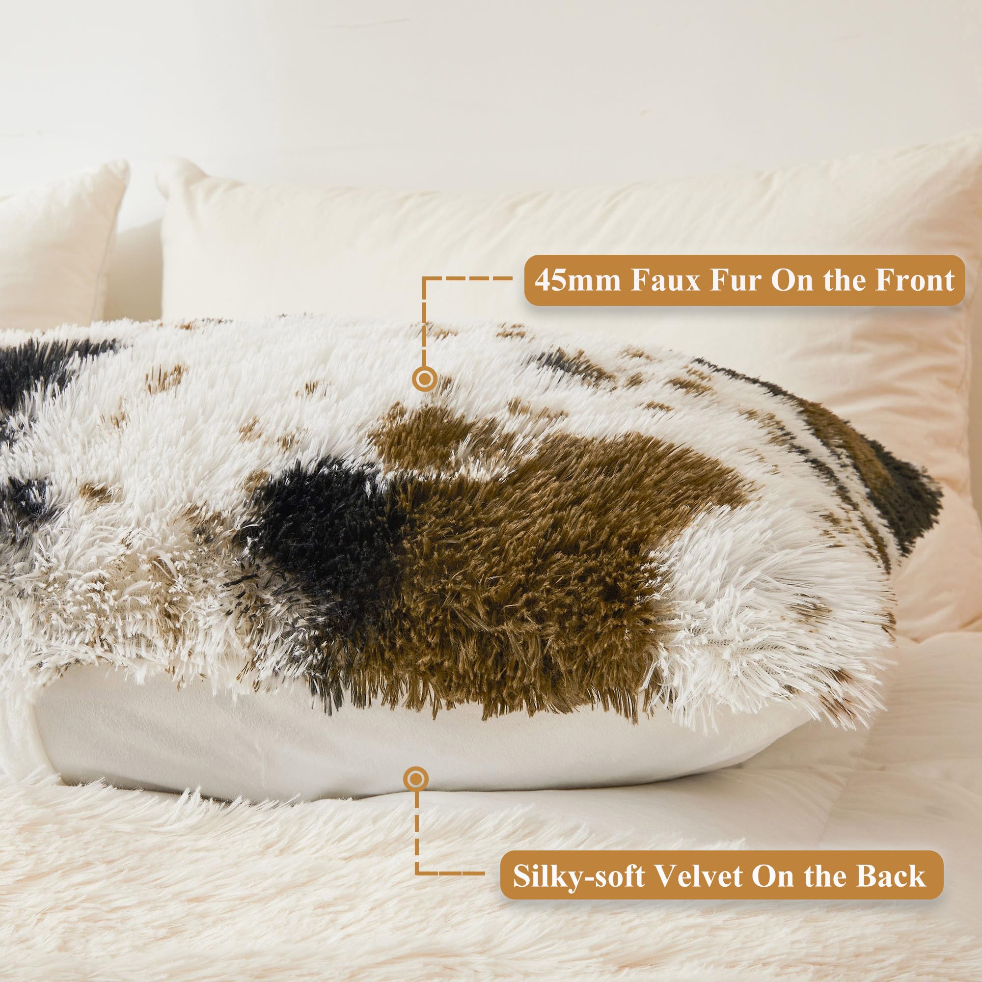 XeGe Long Fluffy Body Pillow Cover, Cow Print Faux Fur Bolster Pillow Case with Zipper Closure - Image 4