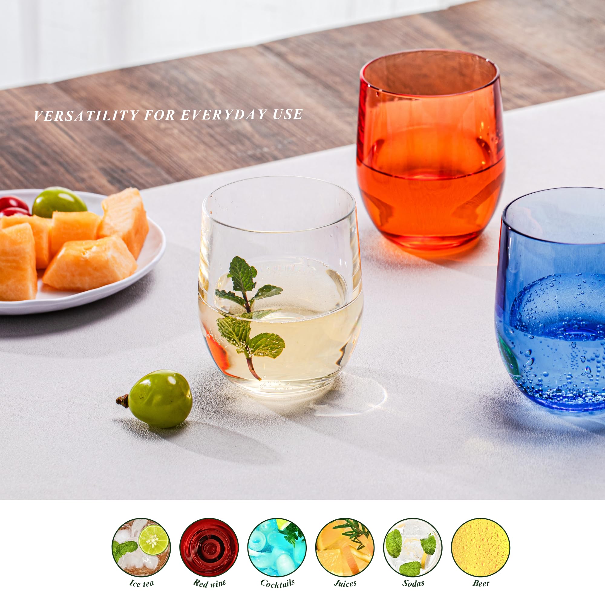 Vasos de vino transparentes gruesos sin tallo de 14 onzas (juego de 6), vasos acrílicos a prueba de roturas, vasos de barra de plástico reutilizables, sin BPA, aptos para lavavajillas