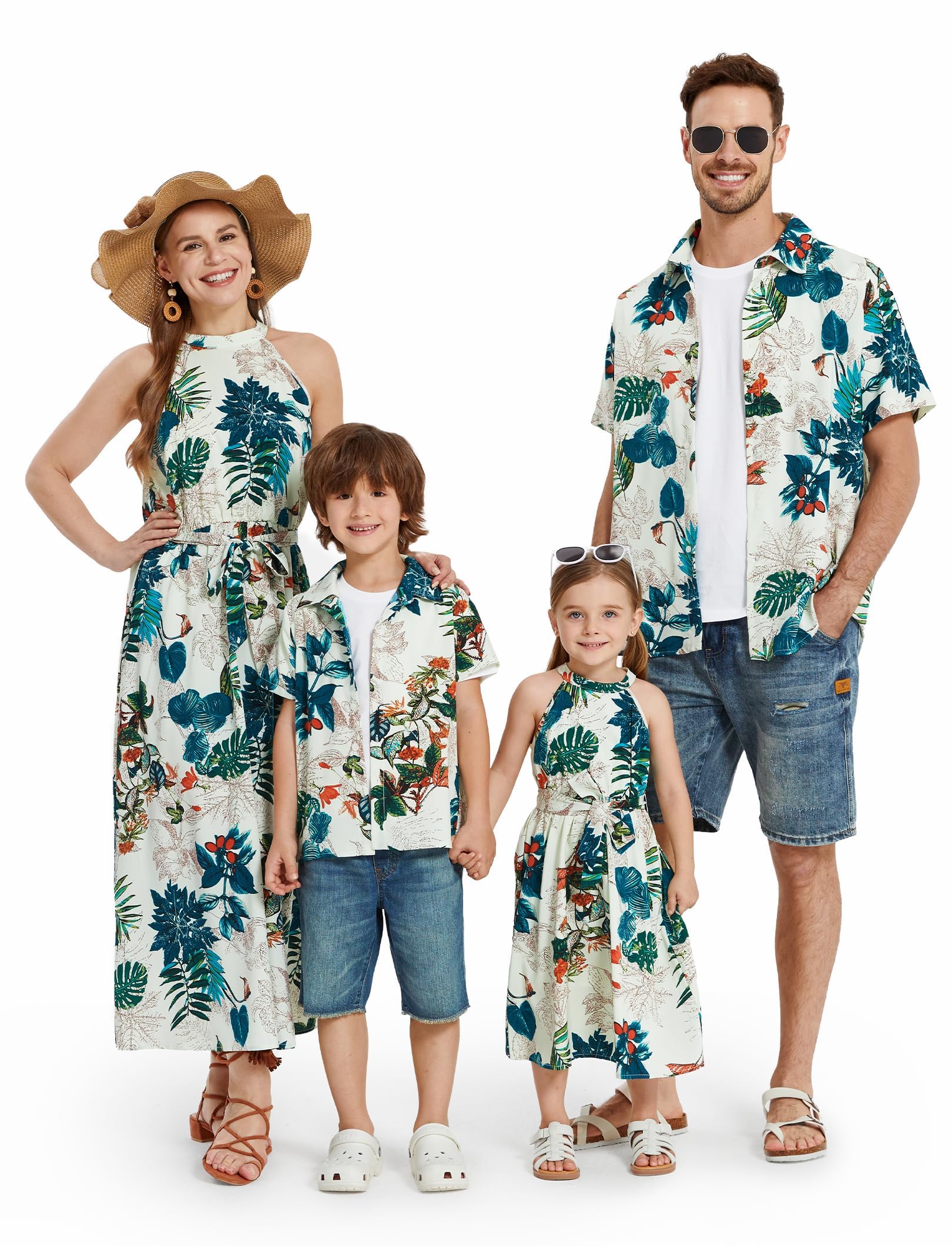 Family Outfit Set Hawaii Halterneck Partner Look Mother Daughter Dress Short Sleeve T-Shirt & Child Dresses Mum Daughter Clothing for Summer & Autumn & Spring / Girls & Boys / Baby / Women & Men