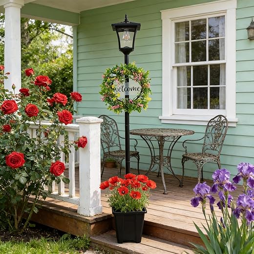 59" Outdoor Solar Post Lights with Wreath Welcome Sign, Dusk to Dawn Solar Lamp Post, Waterproof Solar Floor Lamps, Warm Yellow Pole Lights with Planter for Patio, Backyard, Lawn, Garden