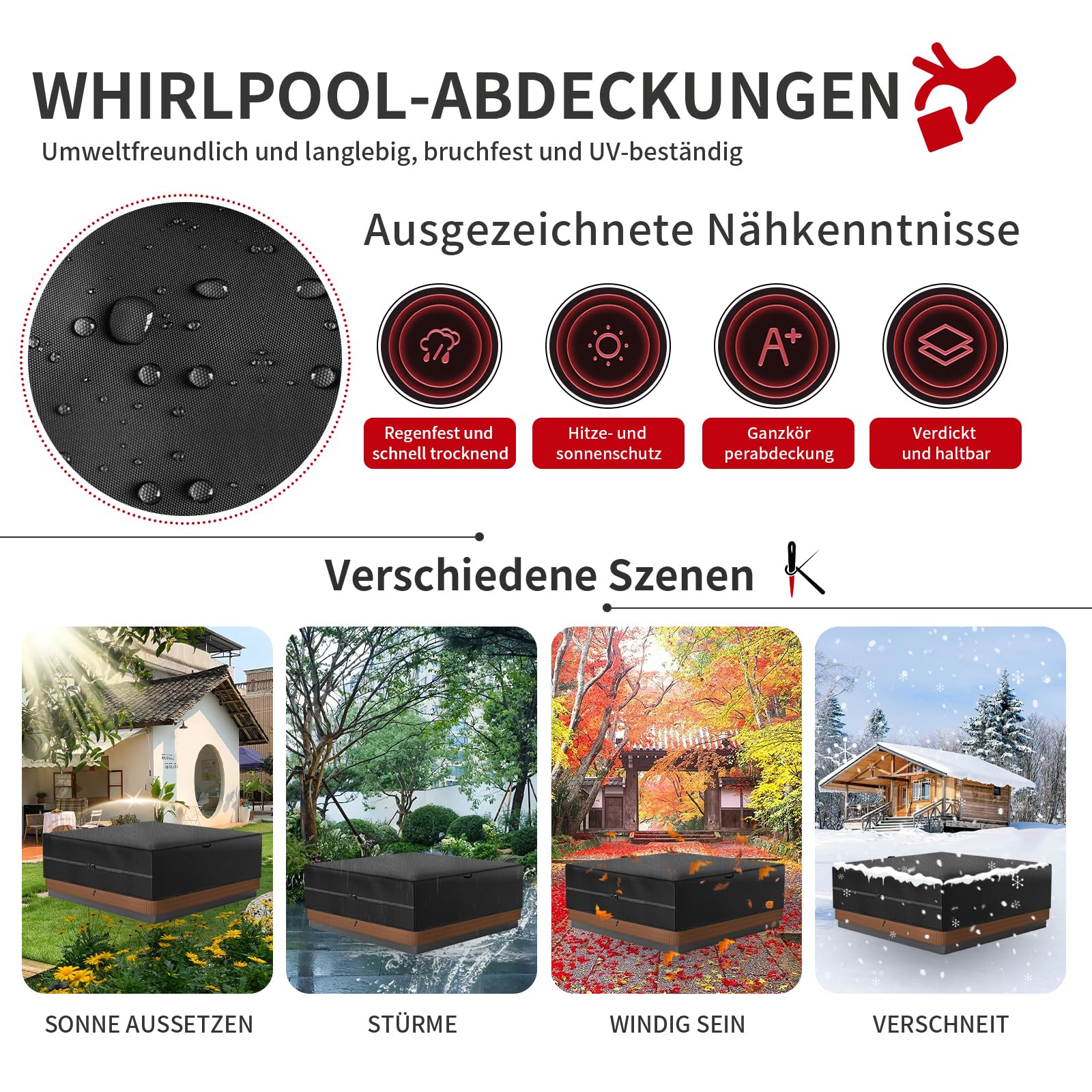 Wodoodporny pokrowiec na wannę z hydromasażem, zewnętrzny basen z hydromasażem Pokrowiec ochronny z liną i uchwytami420D (220 x 220 x 85 cm, czarny)