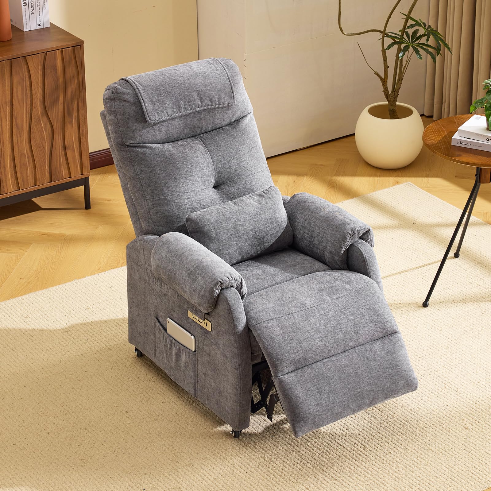 Bonnlo Sillón de relax, sillón de televisión, sillón de masaje eléctrico con función reclinable, sillón de TV, masaje de 6 puntos y función de calor, puertos USB-C y USB-A, 1 bolsillo lateral, tela de