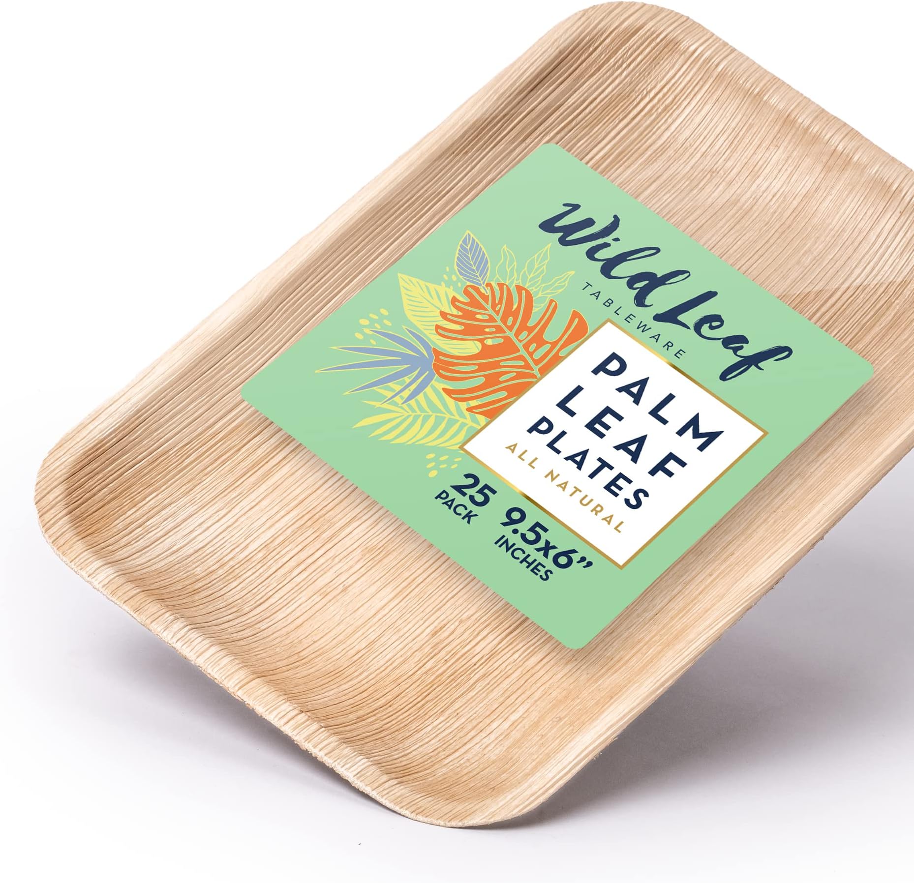 Rectangular Palm Leaf Plates 9.5 x 6 Inch / 25 Pack. Natural, Eco-friendly, Plastic-Free Disposable Party Pack