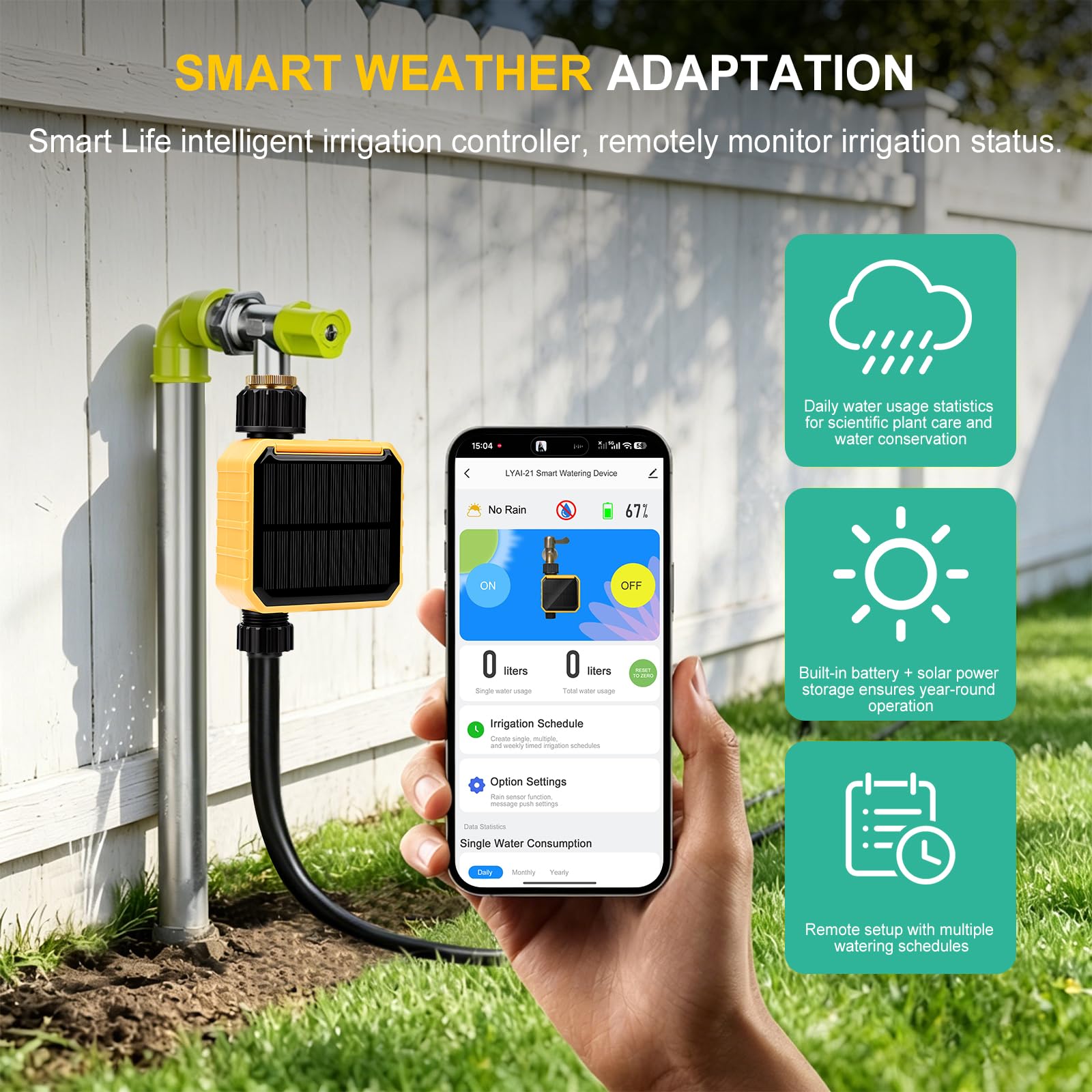 Nikou Ordinateur d'irrigation WiFi, Programmateur Arrosage Automatique Solaire Minuteur d'arrosage Intelligent avec Retard de Pluie, Compatible avec APP et Alexa, pour Jardin, Pelouse (1 Sorties)