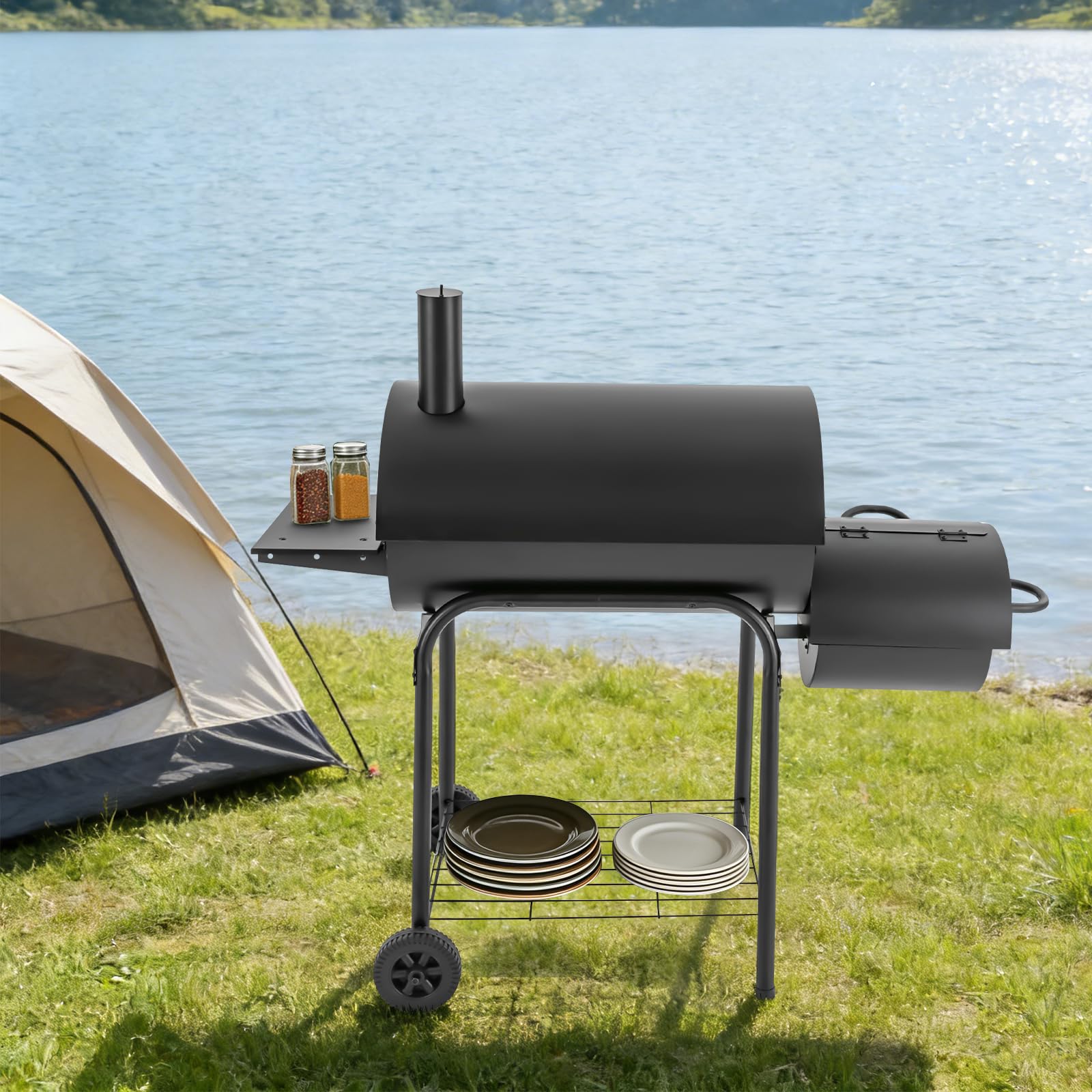 Barbecue a carbonella autoportante, 147 x 70 x 126 cm, barbecue con coperchio e ruote, barbecue affumicatore in acciaio con termometro e ripiani laterali, nero, per giardino, terrazza, campeggio