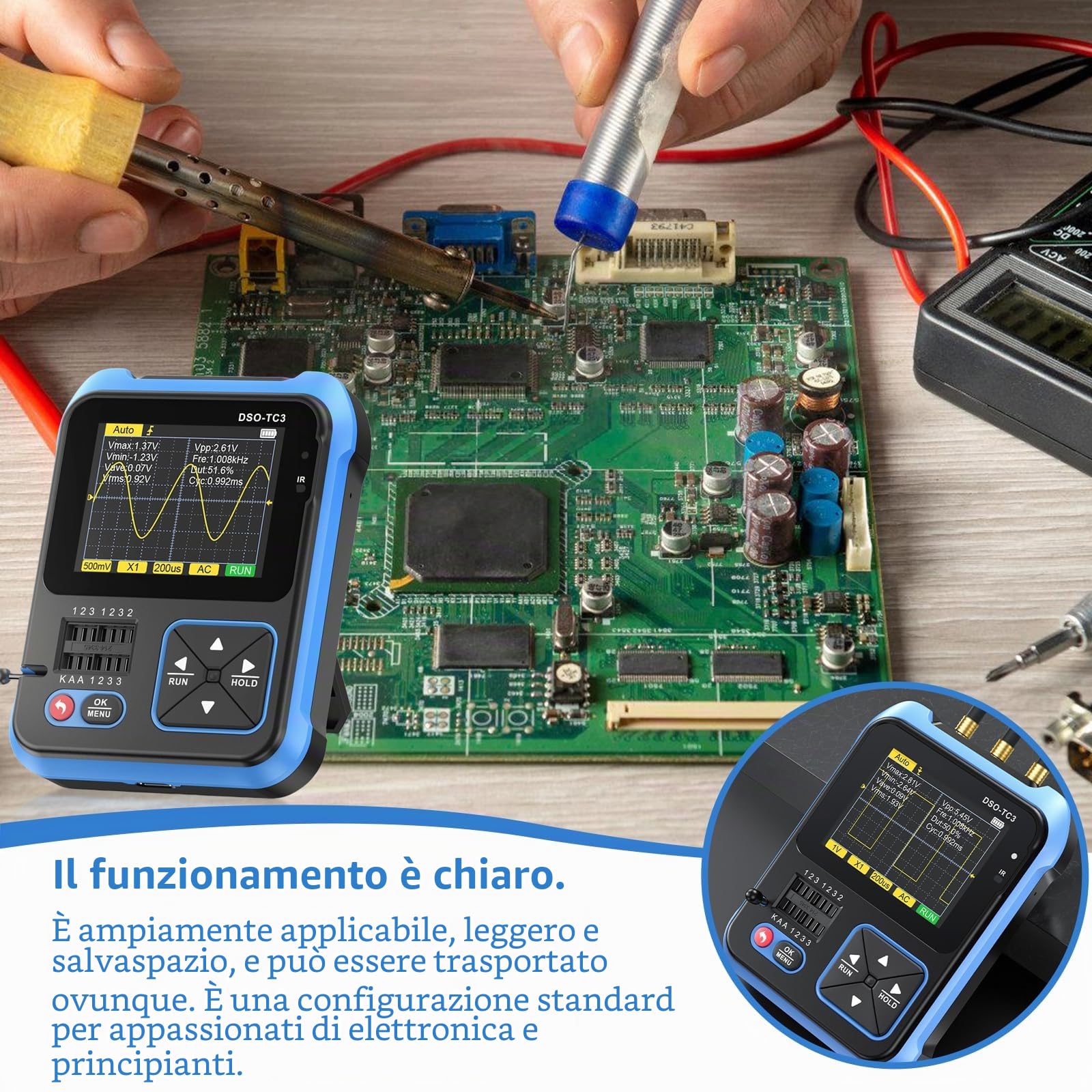 DSO-TC3 - Oscilloscopio digitale 3 in 1, multimetro portatile, tester transistor, generatore di segnale, larghezza di banda 500 kHz, tester di resistenza LCR, tester di resistenza LCR, con