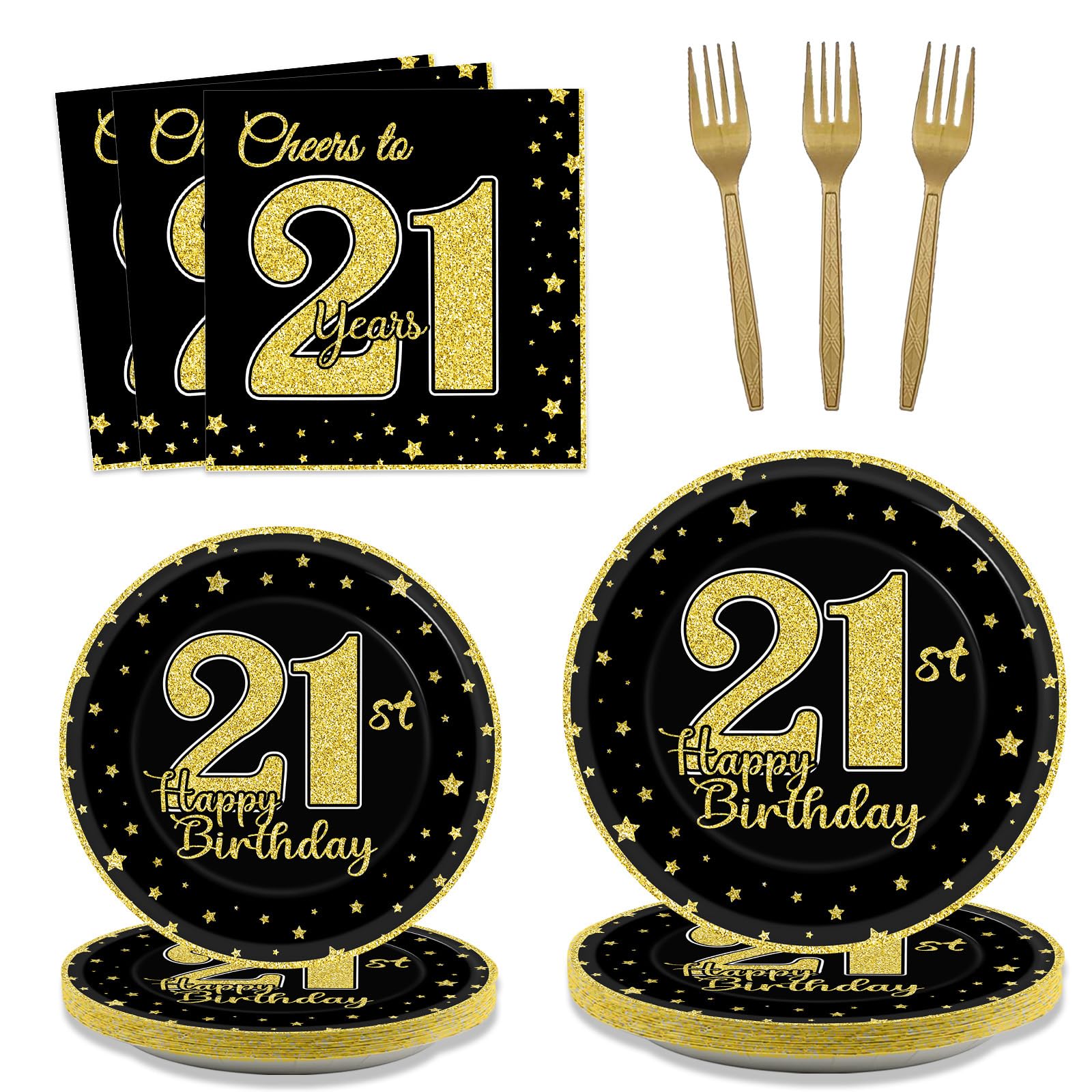 200 Pcs 21st Birthday Party Supplies Black Gold Paper Plates Cheers to 21 Years Paper Plates and Napkins Forks Disposable Black Gold Birthday