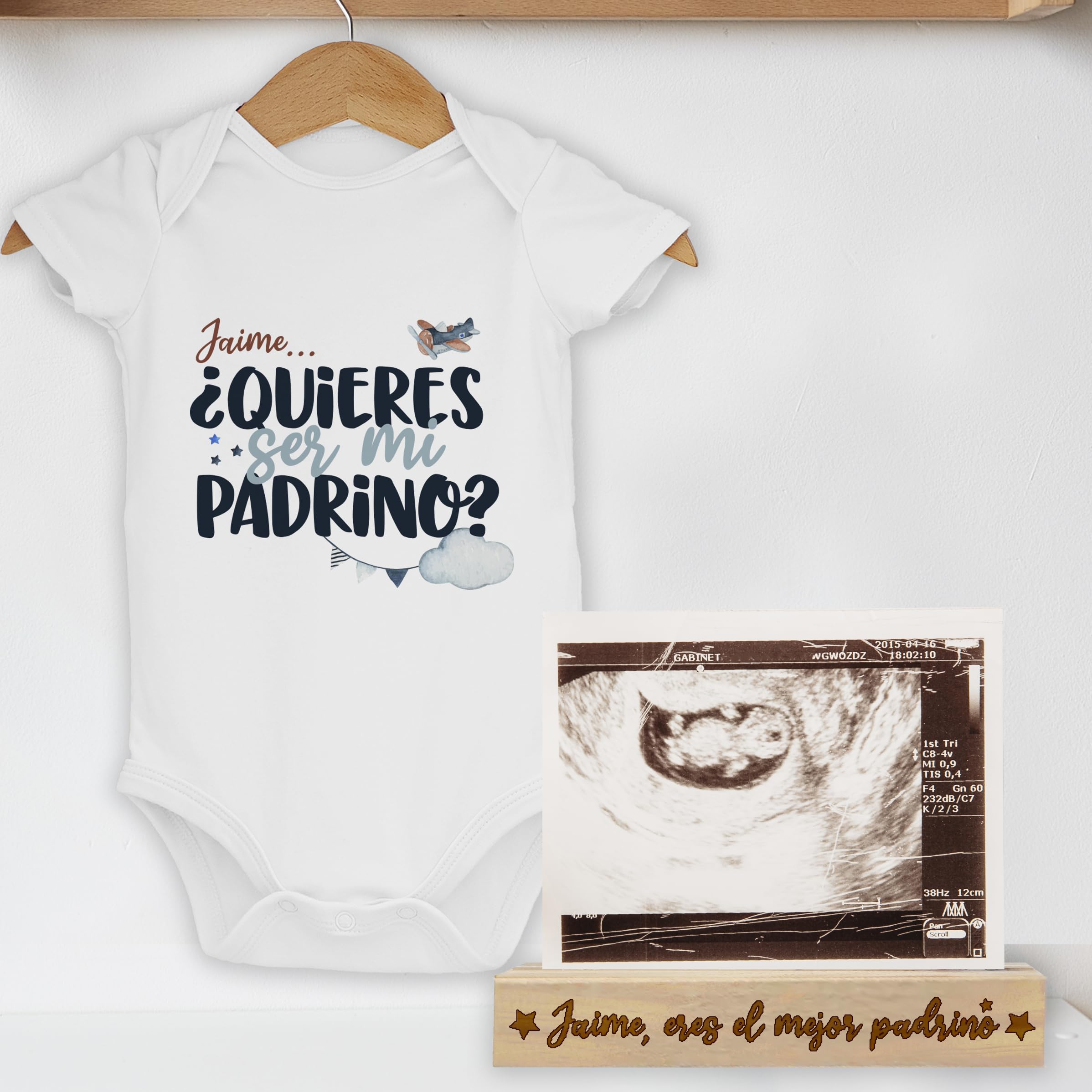 Pack body quieres ser mi padrino madrina y base madera personalizada nombre regalo original bebe bautizo boda pedida embarazo ecografía mejor recuerdo Avión
