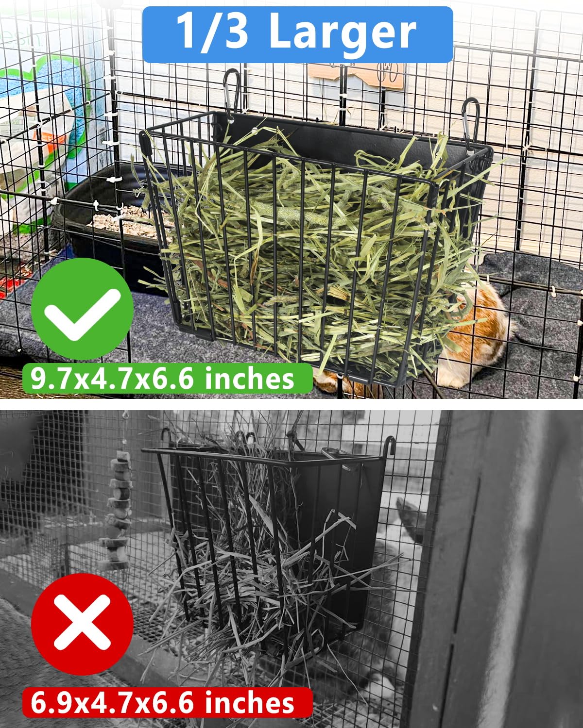 Comedero de heno para conejos, comedero de heno de cobayas, comedero de heno con marco de metal XL, 9.7 x 4.7 x 6.6 pulgadas, soporte de heno para conejos, cobayas, chinchillas, animales pequeños