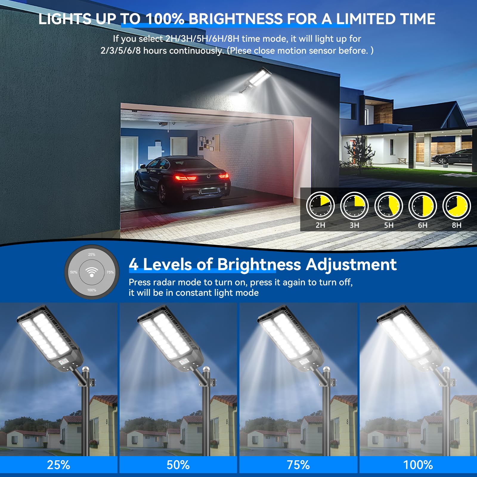Adewalk 3000W Lampione Solare Led Esterno con Telecomando, IP66 Impermeabile Lampada Stradale Solare con Sensore di Movimento, 6500K Super Bright Lampioni da Giardino Esterno Solari per Garage Strada