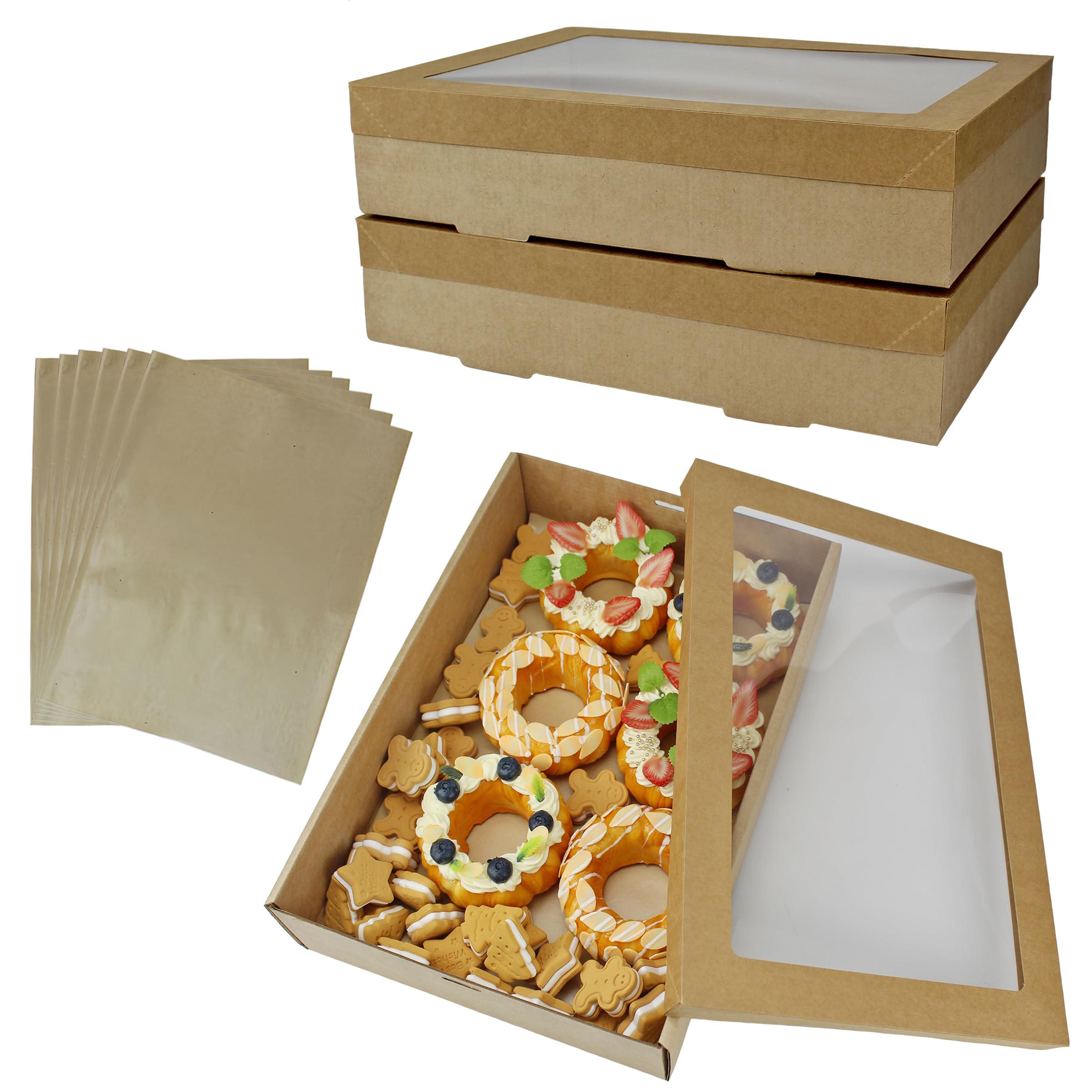 Yankmoom Brown 6 Pack Cake Boxes With Window,36 X 25 X 8Cm Large Cardboard Gift Warpping Box Kraft Bakery Boxes For Packing