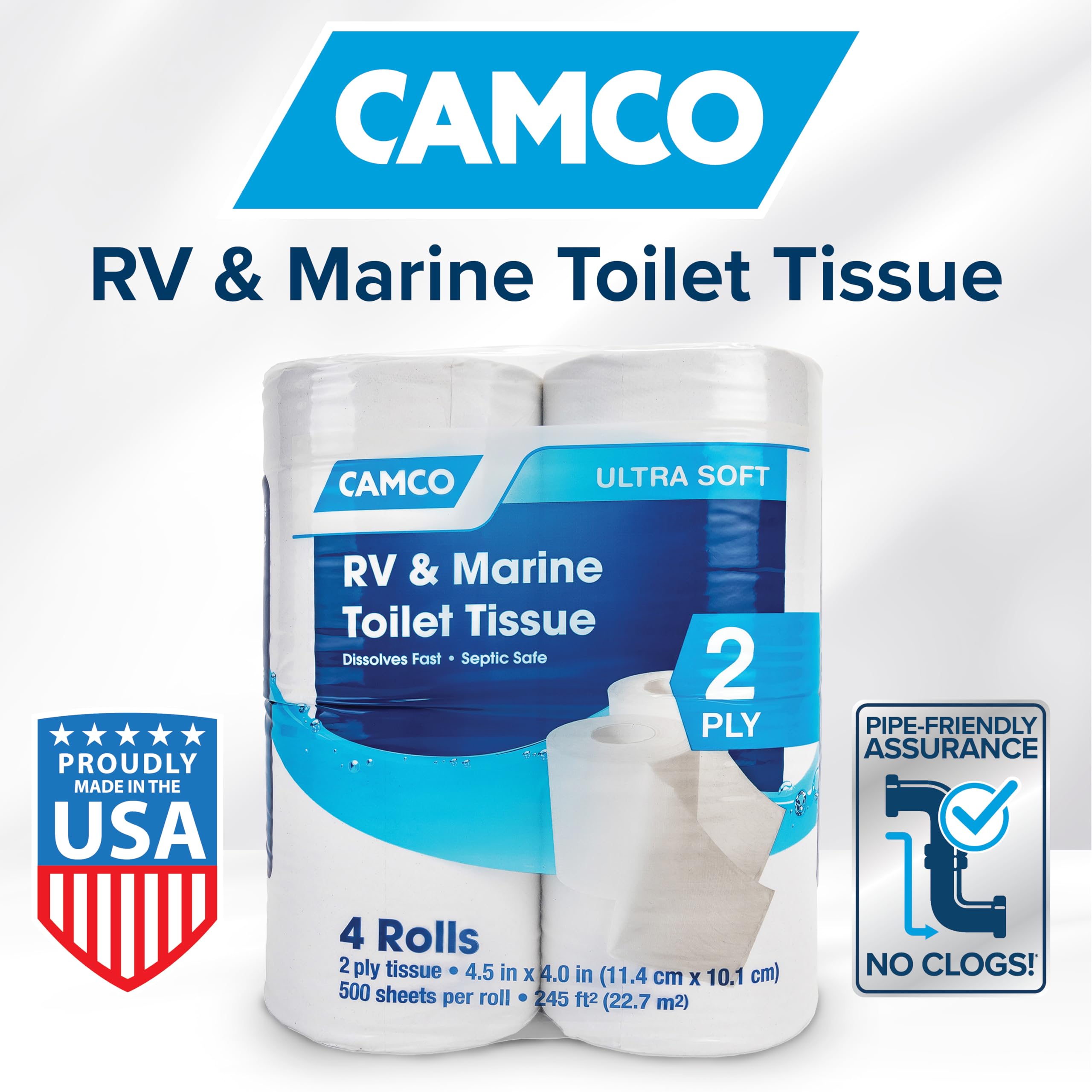 Camco Papel higiénico para baño RV – 16 rollos | Seguro para séptico y alcantarillado | Papel de baño biodegradable de 2 capas | Blanco | 500 hojas por rollo (40282)