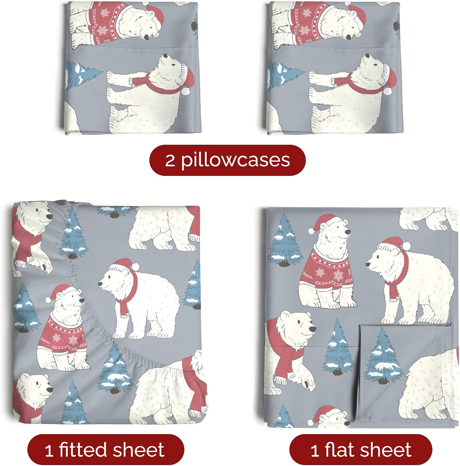 Queen Christmas Santa Bears Sheet Set - Holiday Xmas Pattern Bedding Set - Deep Pockets - Snug Fit - 4 Piece - Wrinkle Free - Cozy Cooling Festive Winter - Holiday Sheets for Women, Men, Kids & Teens