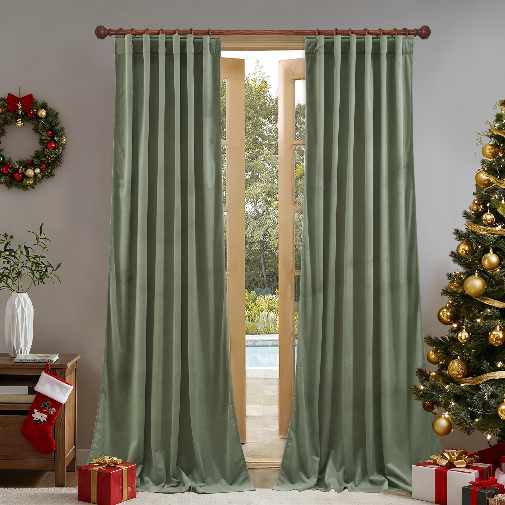 StangH Sage Green Velvet Curtains 102 inches Long Thermal Insulated for Study, Back Tab Luxury Window Drapes Room Darkening Privacy Protect for Living