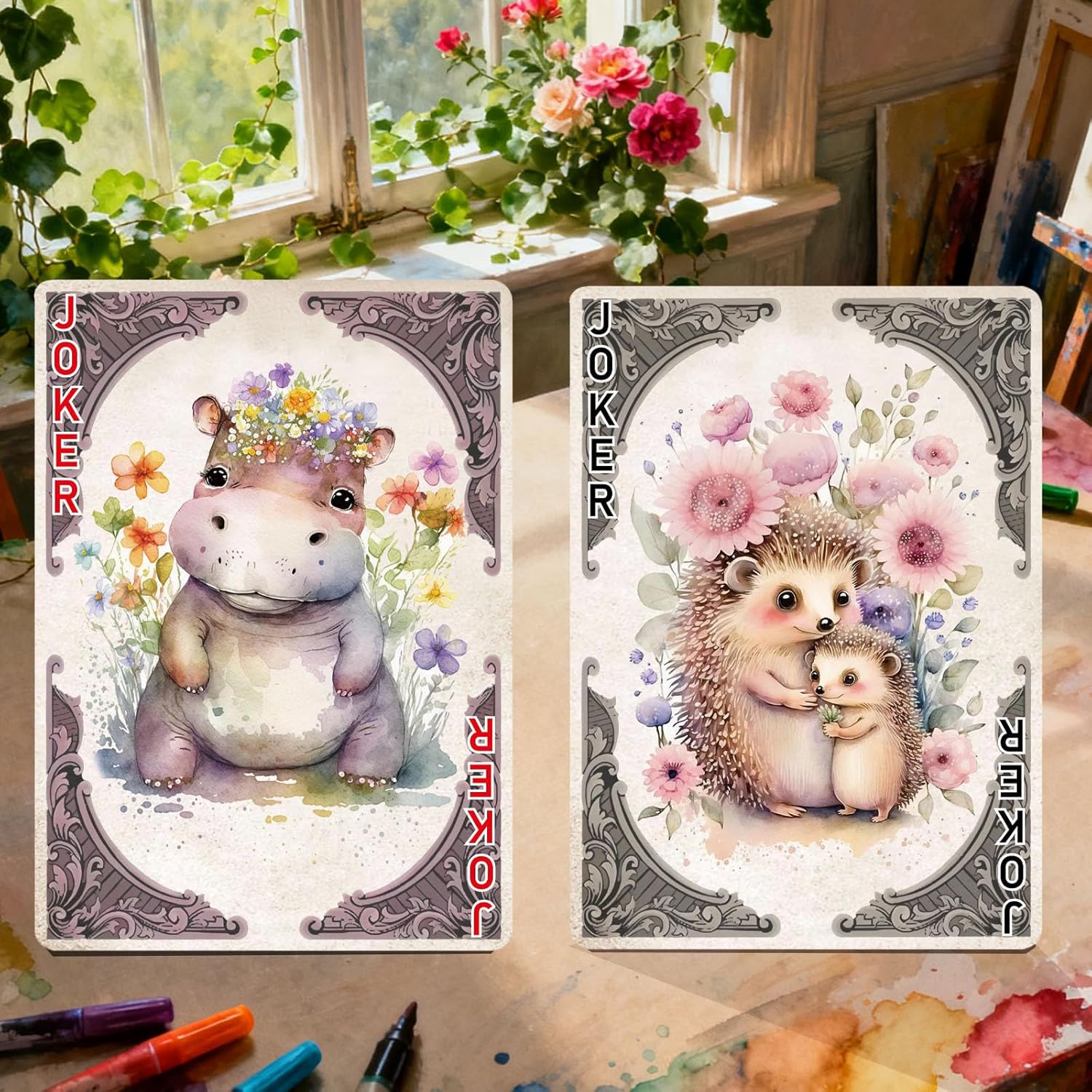 Poker Cards, Retro Style Playing Cards, Watercolor Animal Illustration, Exquisite Illustrations, Double-Sided Anti Slip Pattern Design, Suitable for Family Card Board Games.
