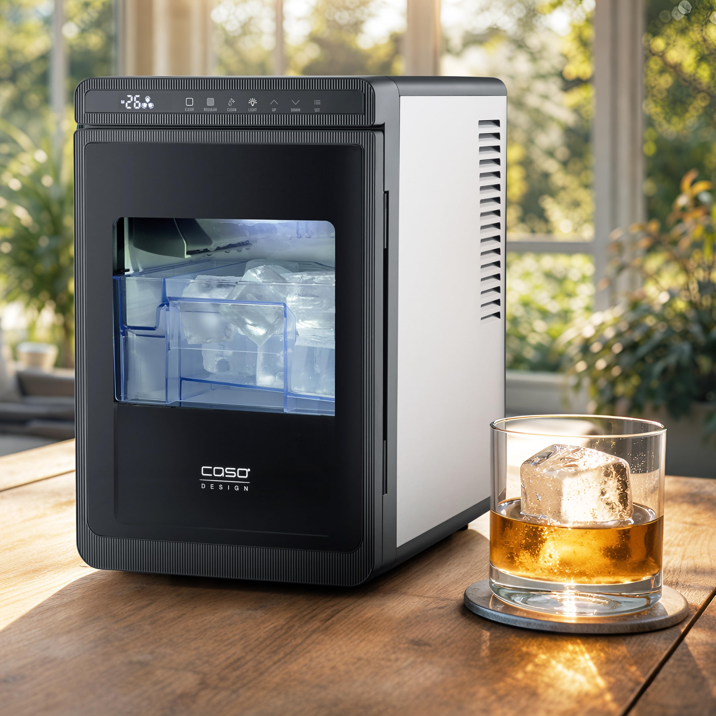 CASO IceCube Pro Eiswürfelmaschine, kristallklare XXL-Eiswürfel 40 mm, längere Schmelzzeit bis 90 Min., 9,3 kg Eis in 24h, selbstreinigend, für Whisky, Gin & Cocktails