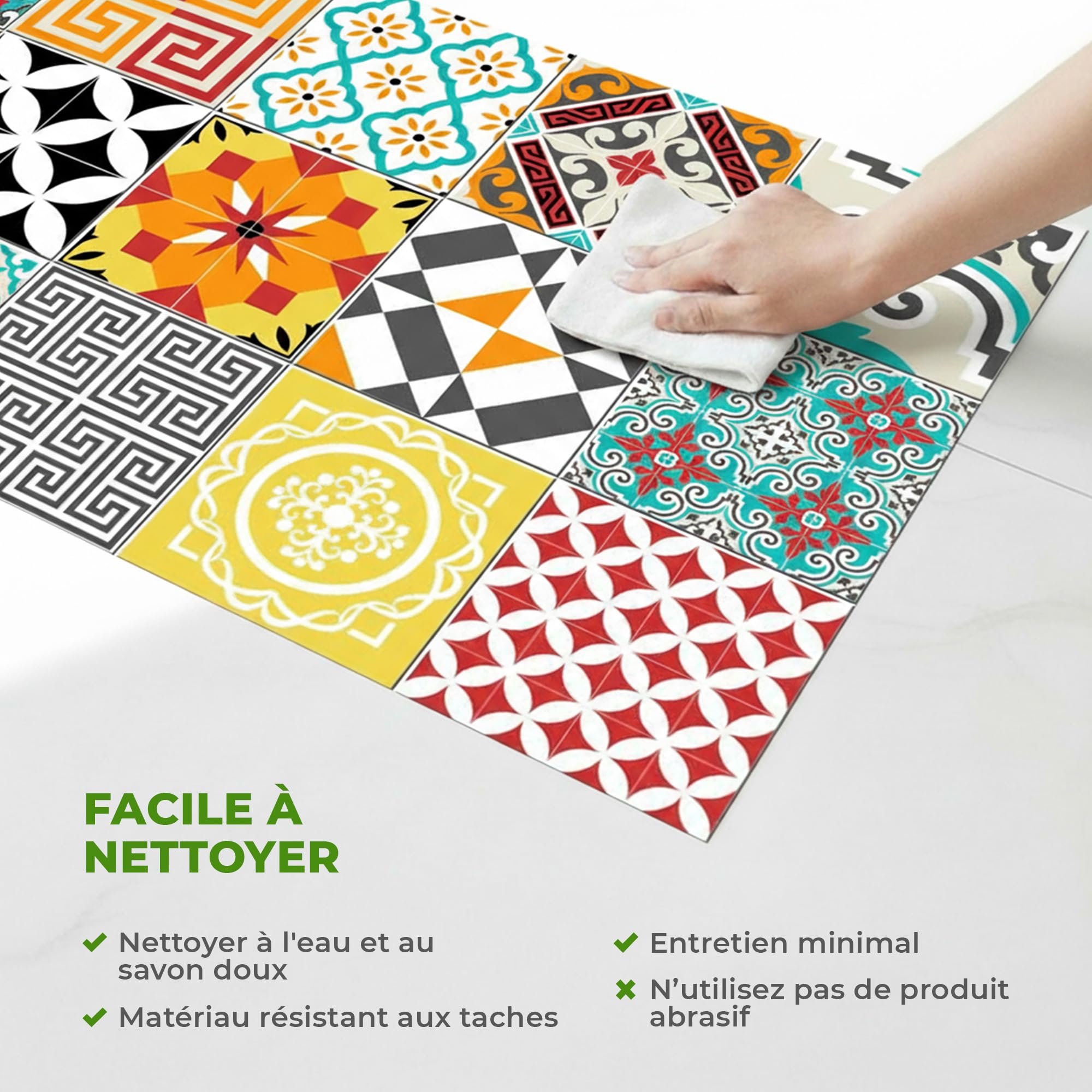 Tapis Vinyle pour le sol en PVC - Antidérapant - Protection pour le Sol - Inspiration Carreaux de Ciment - Lavable à la main - Epaisseur 2,2 mm - 60 cm x 100 cm - Tapis de sol Multicolore