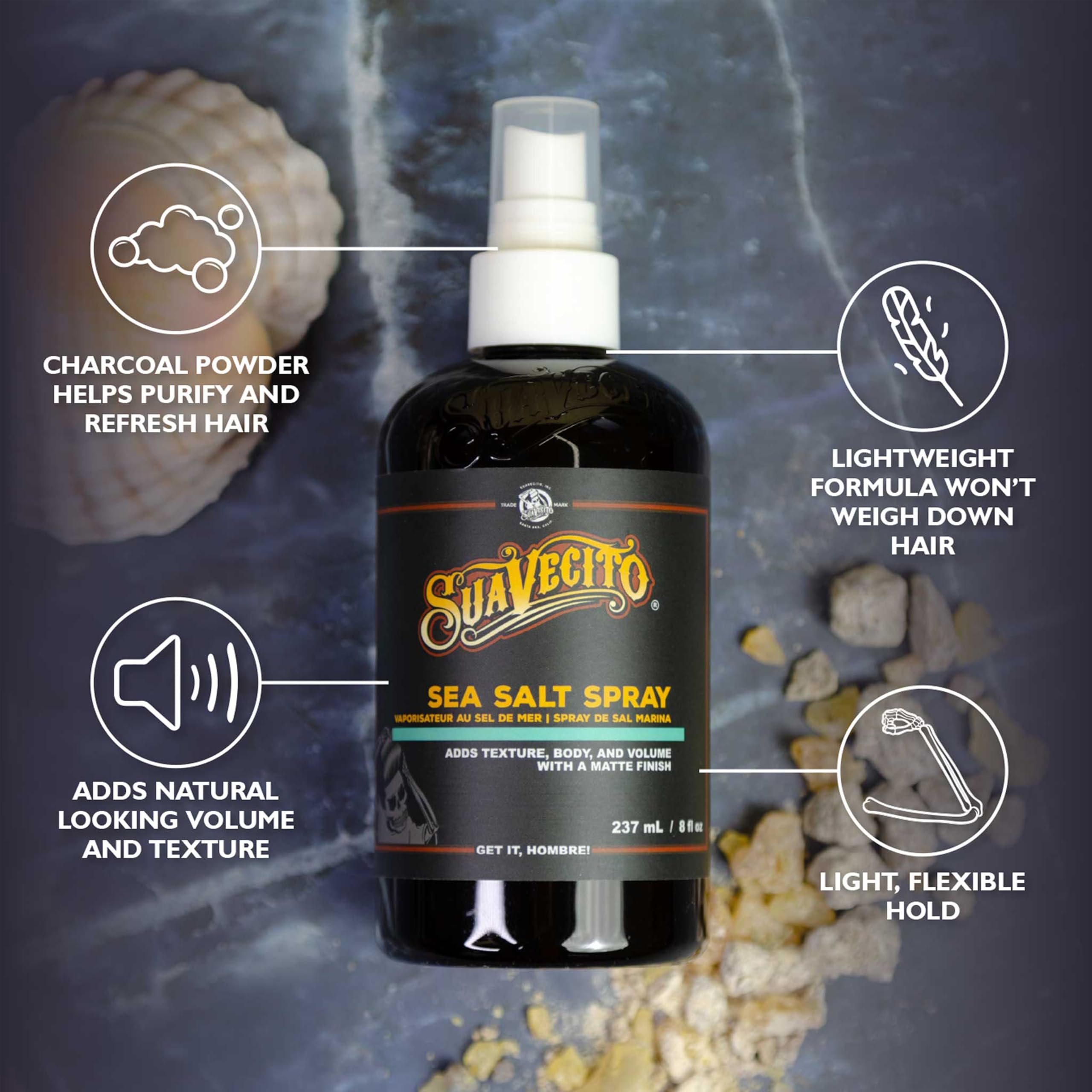 Suavecito Sea Salt Spray Texturizing Volumizing Hair Spray for Men 237ml | Adds Natural Beach Waves and Matte Finish. Lightweight Non Sticky Formula with Refreshing Scent. Volumizing Texture.