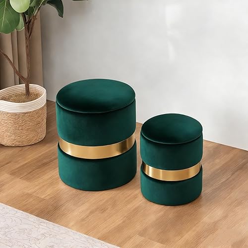 Miniatura 9 de Joveco Juego de 2 otomanas redondas con almacenamiento tapizado de terciopelo para maquillaje, otomanos multifuncionales, reposapiés acolchado para