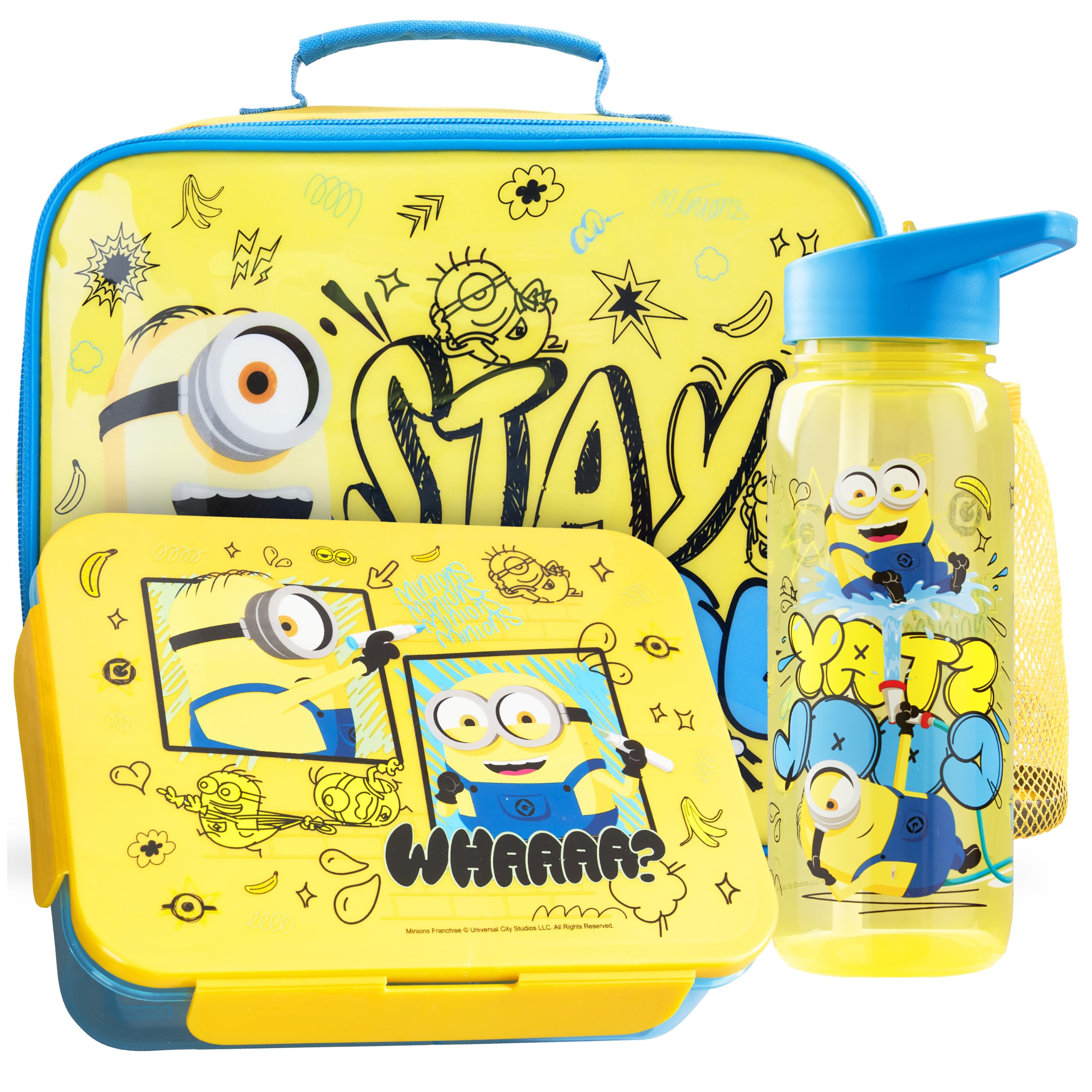 Get Trend Minions Set Porta Pranzo Bambini, 3 Pezzi Borsa Termica Porta Pranzo, Bento Box e Senza BPA Borraccia Bambini, Regalo Ragazzo (Giallo/Blu Minions)