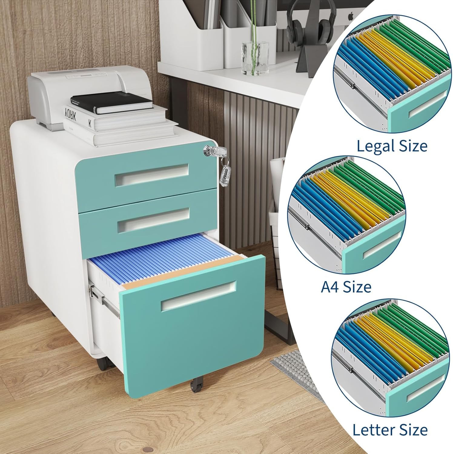 Fully Assembled 3 Drawer Metal File Cabinet with Lock, Mobile Rolling Filing Cabinet for Letter/Legal/A4/F4 Size, Heavy Duty Under Desk Storage Organizer for Home Office, Secure Steel Pedestal
