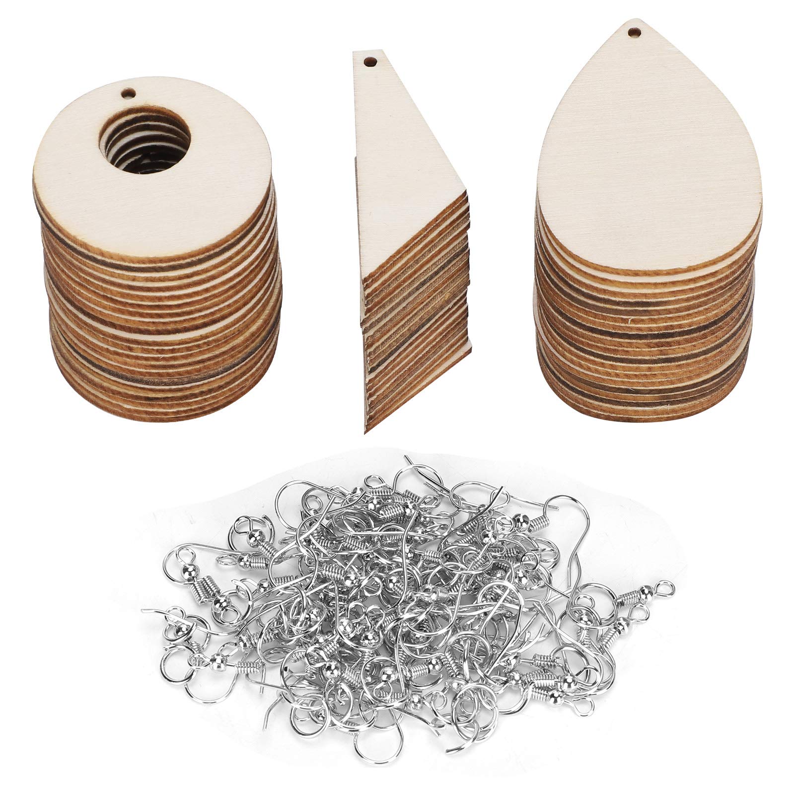 Tiiyee Holz Ohrringe Rohlinge, 60 Stück DIY Anhänger mit Haken für Schmuck | 3 Formen Unlackierte Holzplättchen mit Ringe Haken zum Basteln von Anhängern Ketten Schlüsselanhängern für Kreativprojekte