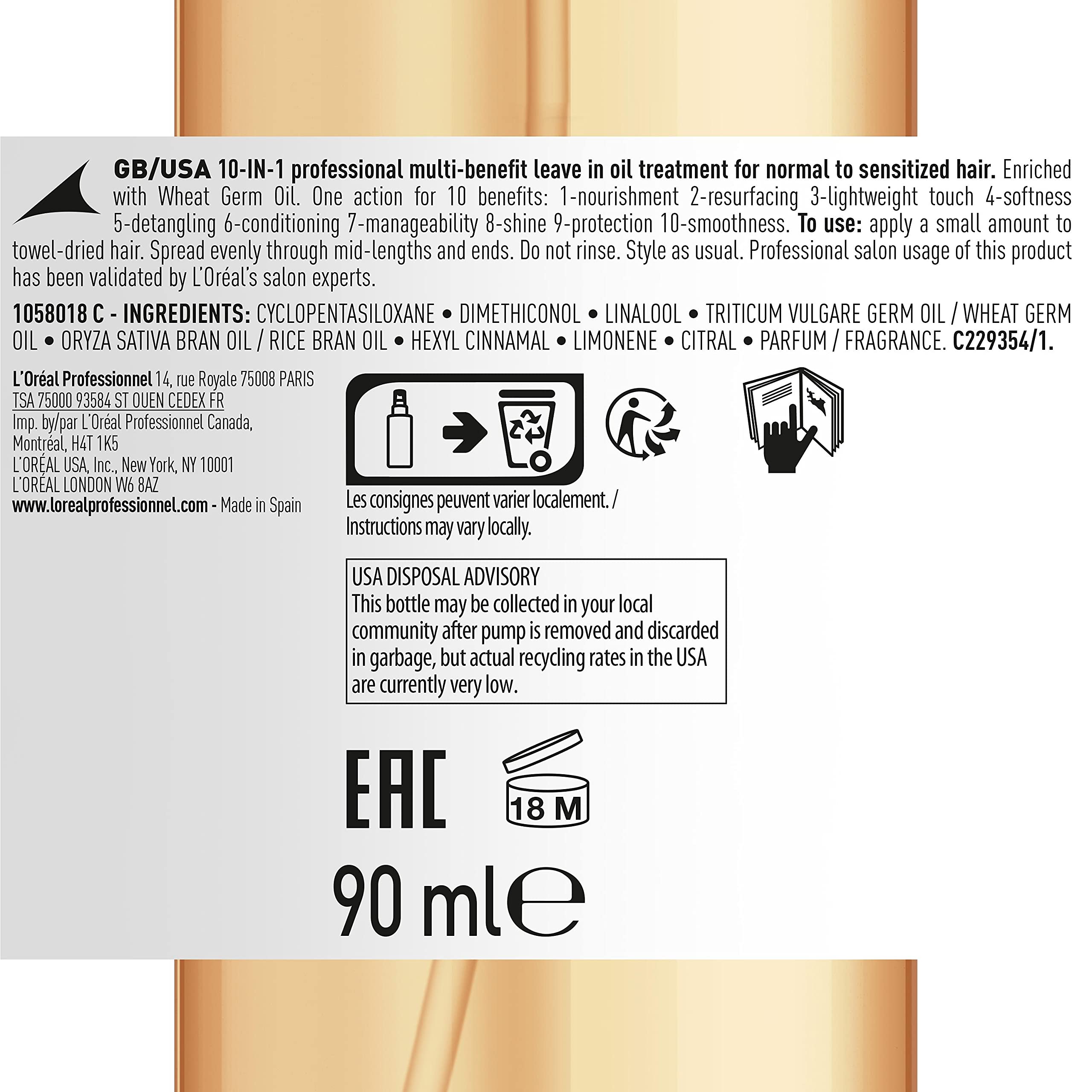 L'Oréal Professionnel Absolut Repair Aceite 10-en-1 Oil Tratamiento Reconstructor Pelo Seco Dañado 90ml