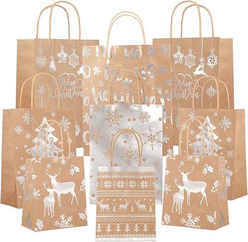 Nezyo 18 bolsas de regalo de papel kraft de Navidad, color dorado metálico, bolsa de regalo de regalo de varios tamaños, bolsa de regalo de Navidad